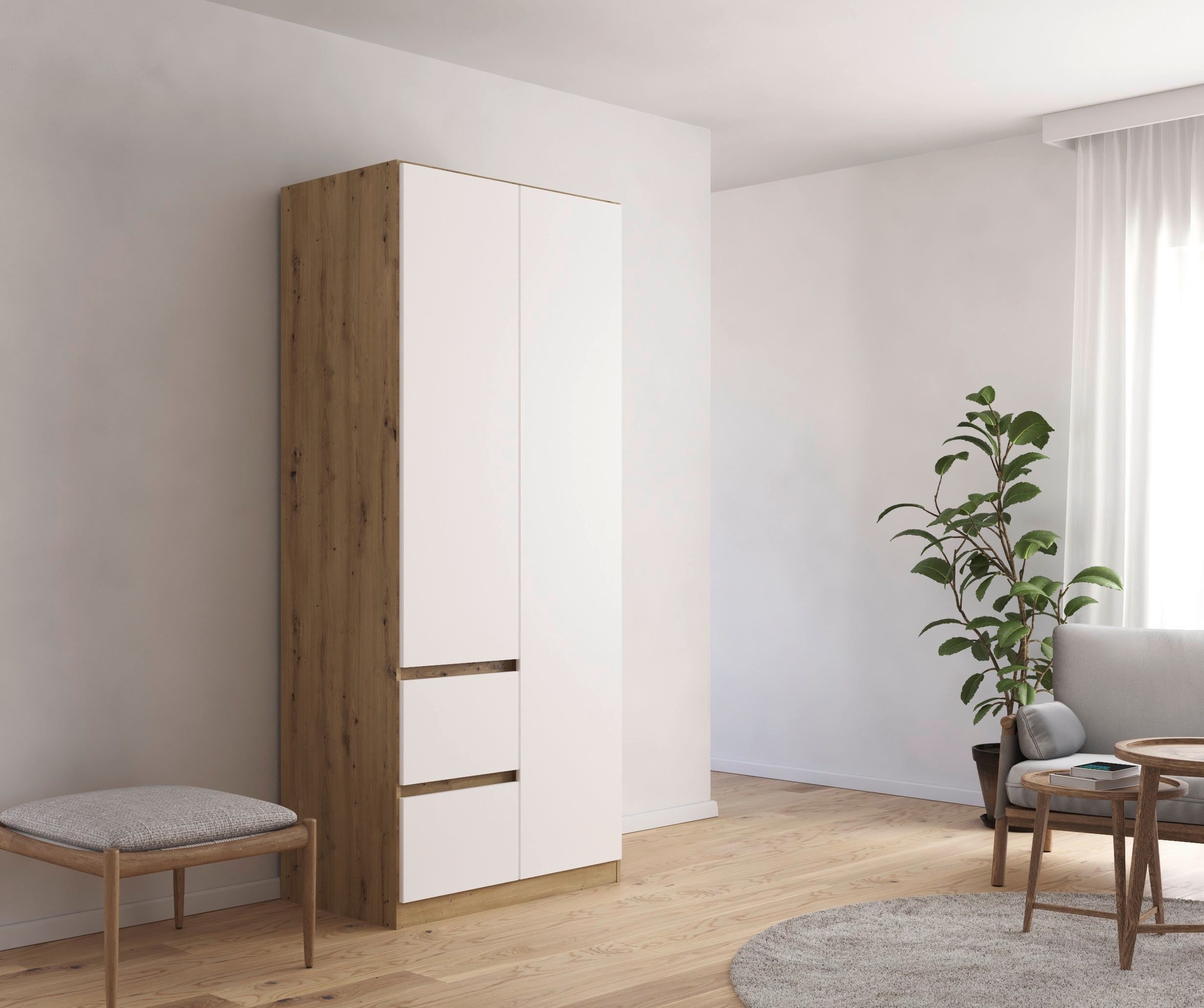 rauch Drehtürenschrank Schrank Garderobe MAINZ Breiten 91/136/181/226/271/315/360, Höhe 210cm (3 verschiedene Ausstattungen BASIC/CLASSIC/PREMIUM (inkl. SOFT-CLOSE) grifflose Front, Außentüren mit Push-to-Open Funktion MADE IN GERMANY