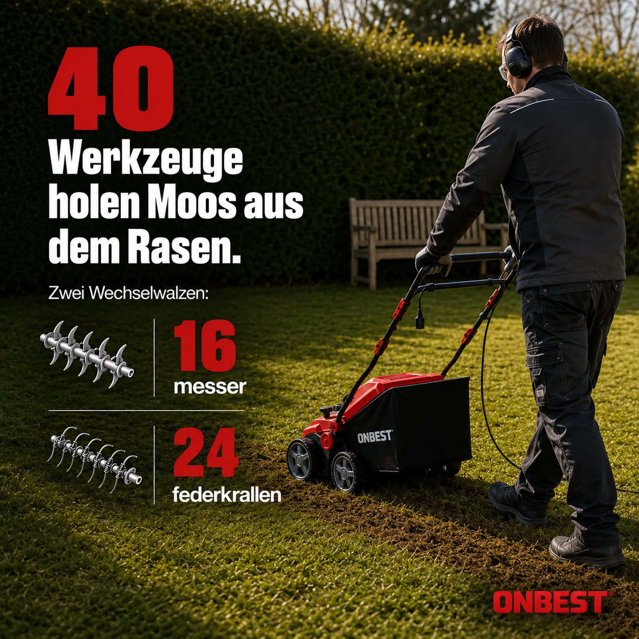 Onbest Elektro-Vertikutierer / Lüfter S1838 2in1 mit 1800 W, 38,00 cm Arbeitsbreite, (4-tlg), 45L Fangkorb, 24 Federkrallen, 16 Doppelmesser