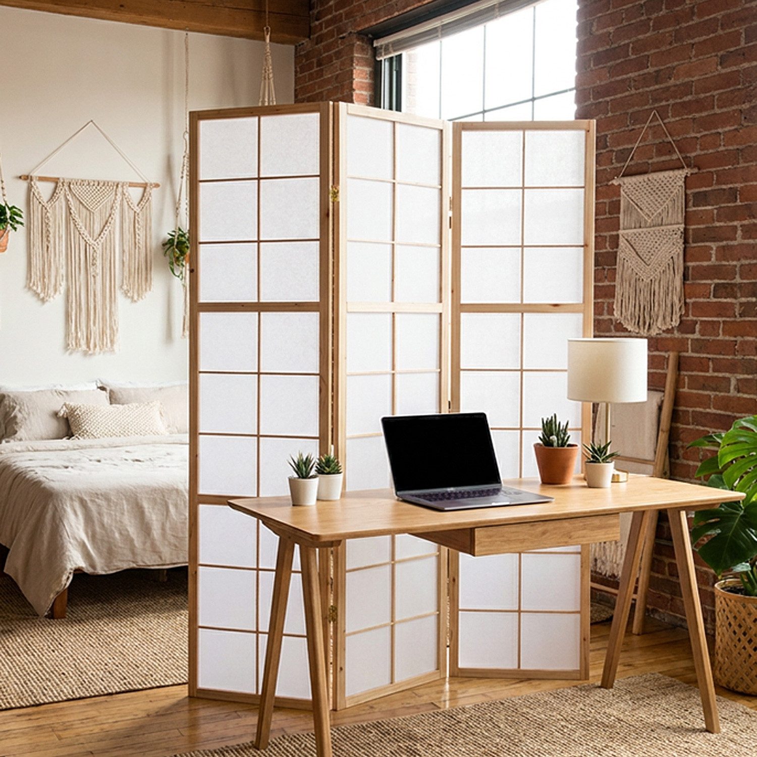 Homestyle4u Paravent Raumteiler Indoor Holz Trennwand Shoji in Weiß Sichtschutz faltbar (3-teilig)