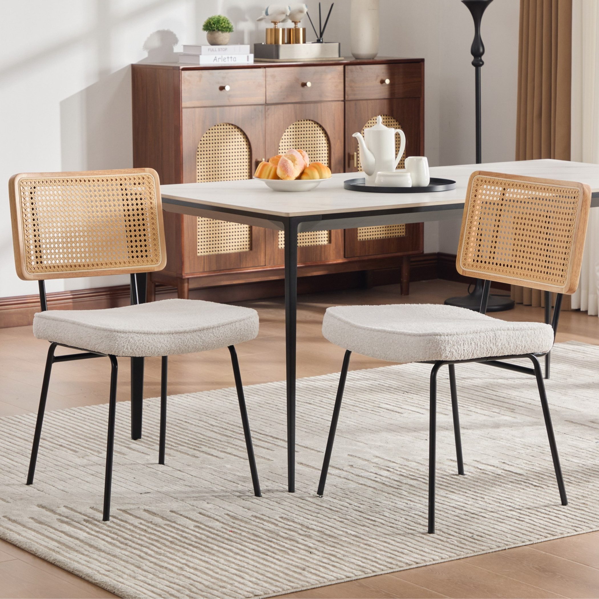 SeedWave Esszimmerstuhl 2er Set Küchenstuhl Retro Metallstuhl, PE-Rattan Rücken mit Holzrahmen, Stuhlset mit Chenille Polster, 120kg Belastbarkeit
