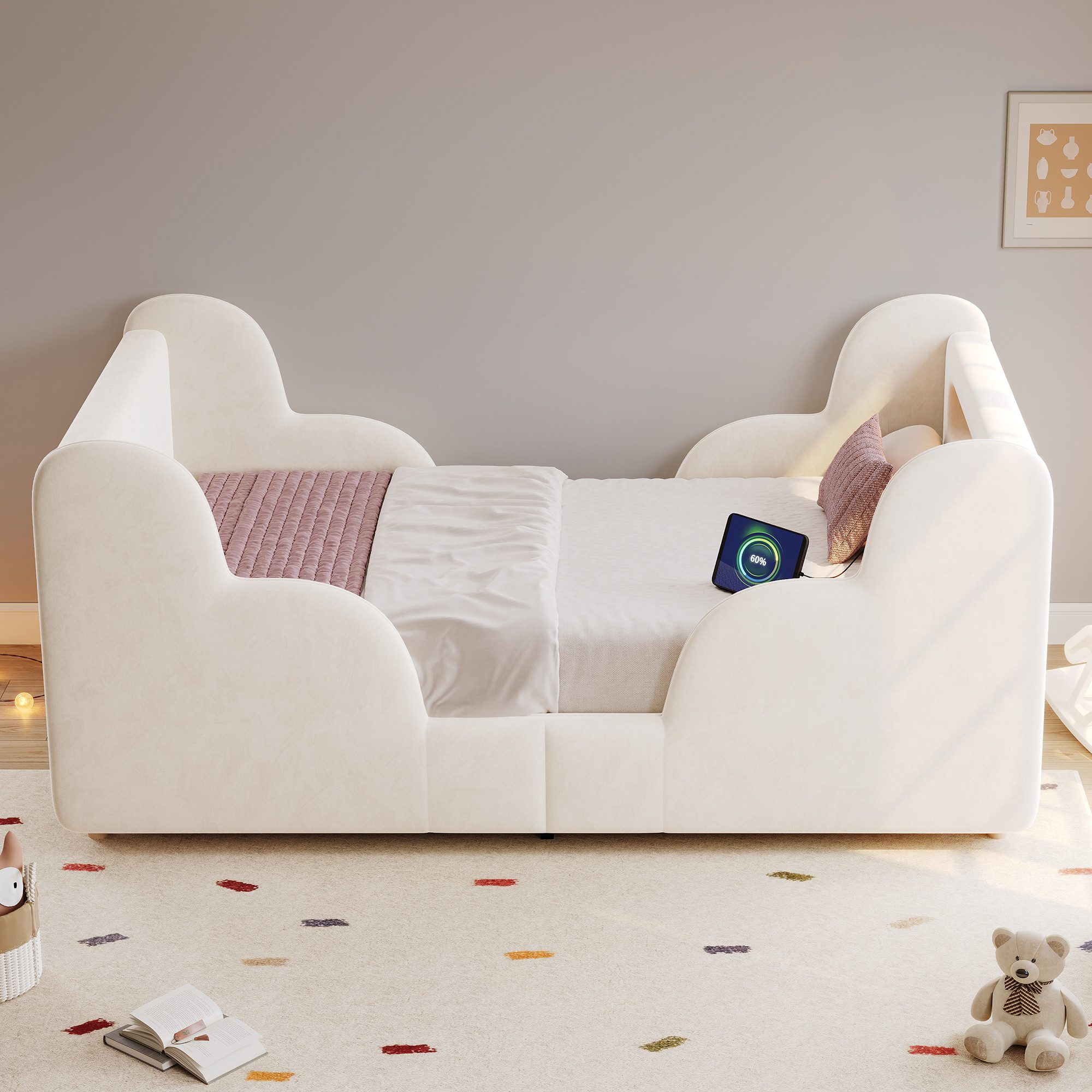 REDOM Polsterbett Kinderbett mit Schutzgeländer, Nachtlicht (Bettbeine, ohne Bettkasten und Matratze, Beige), USB, Ablagefächer, 90x200cm, Samt
