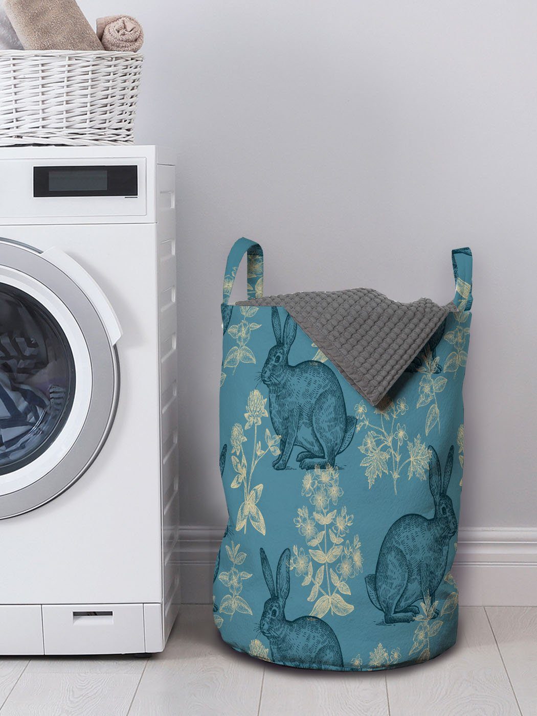 Abakuhaus Wäschesäckchen Wäschekorb Blumen-Muster Natur Waschsalons, Kaninchen und für mit Griffen Kordelzugverschluss