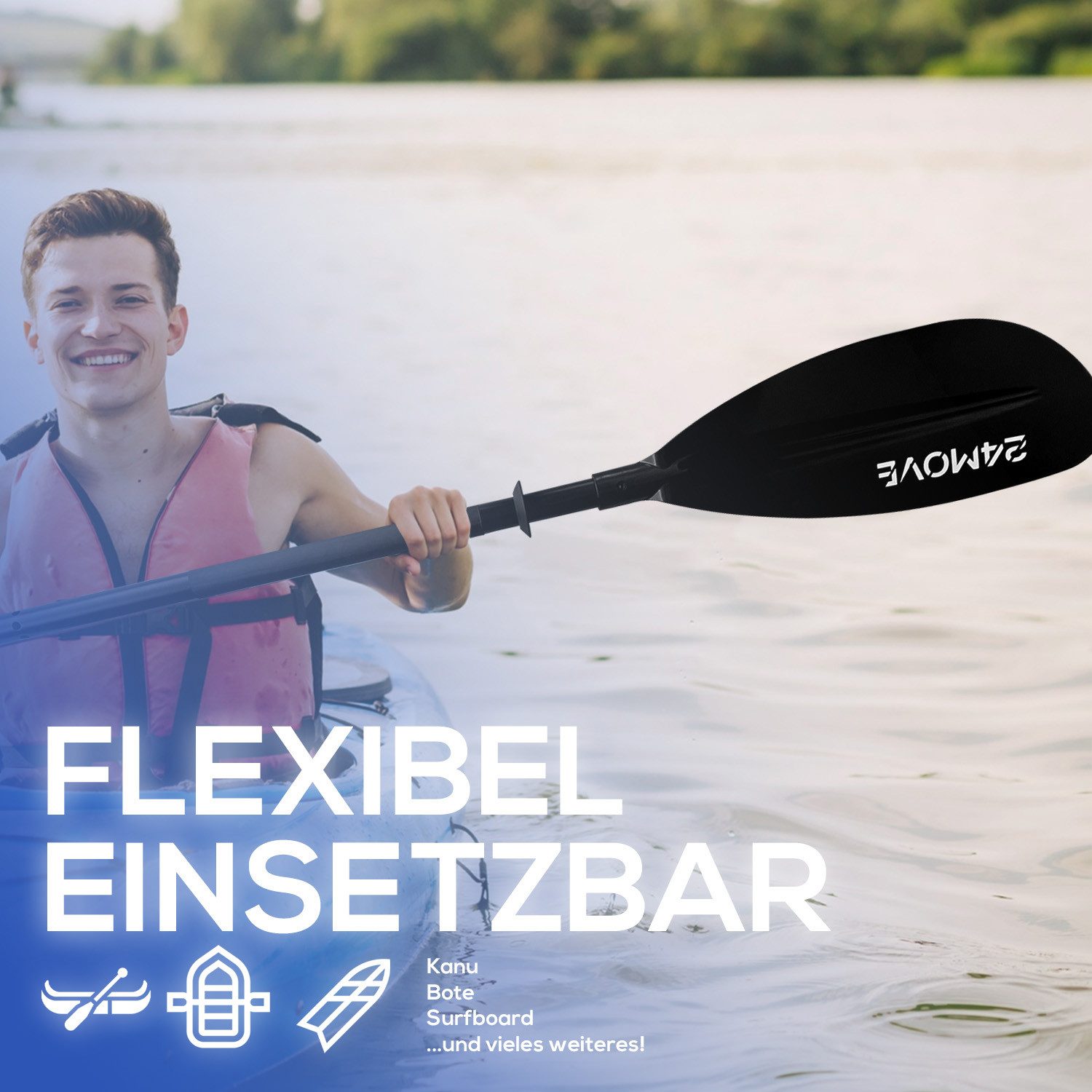 24Move Doppelpaddel, Stand Up Paddle Aluminium SUP-Paddel, (Winkelverstellung, universell einstellbar, verstellbar, 2-teilig, SUP-Paddel), für Paddelboards, Kajakboot und Ruderboot