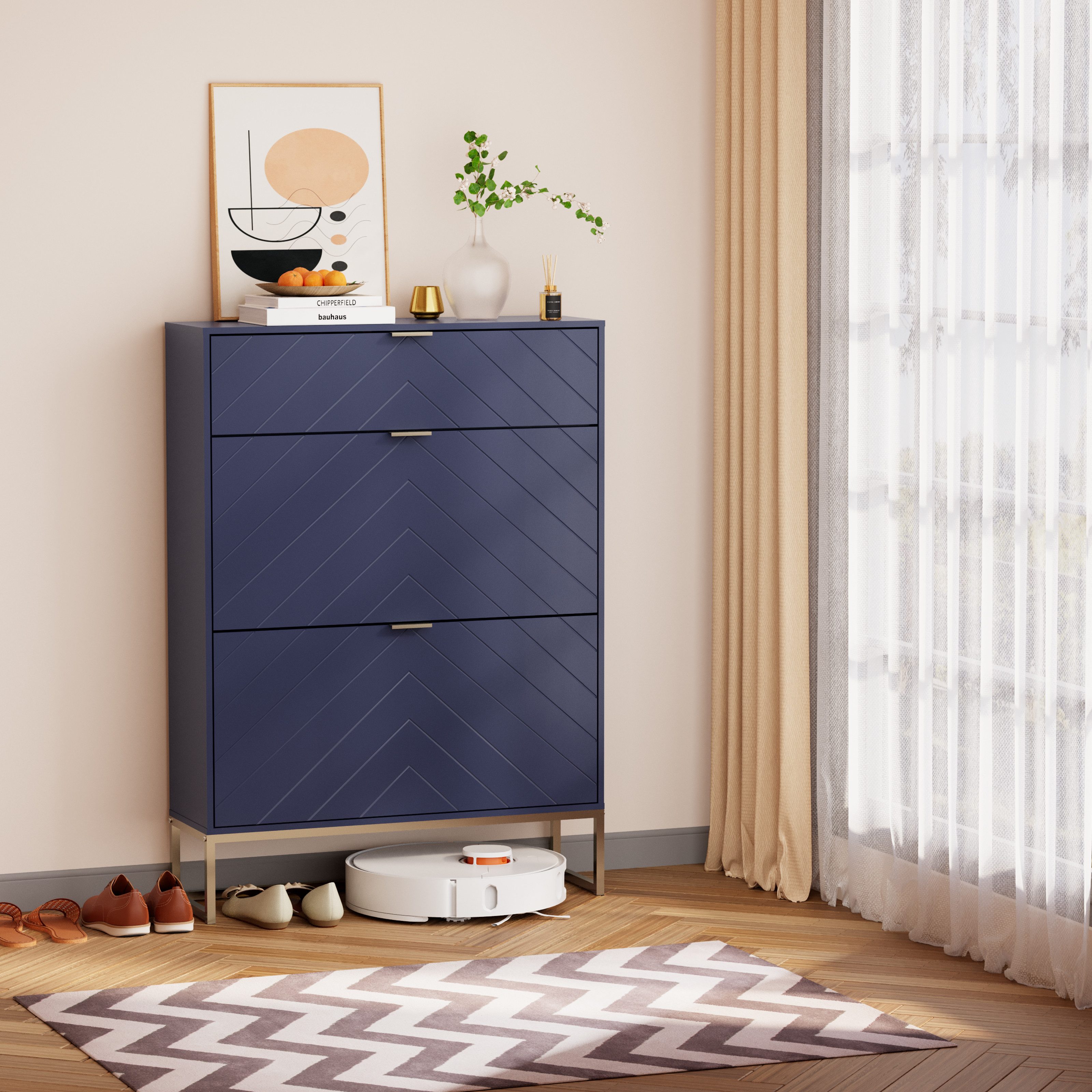 UEV Schuhschrank mit 3 Klappen schmal Schuhablage (Modern Schuhkommode im Flur Diele,80x24x122cm) Platzsparend, mit Kippschutz/Trennwand verstellbar