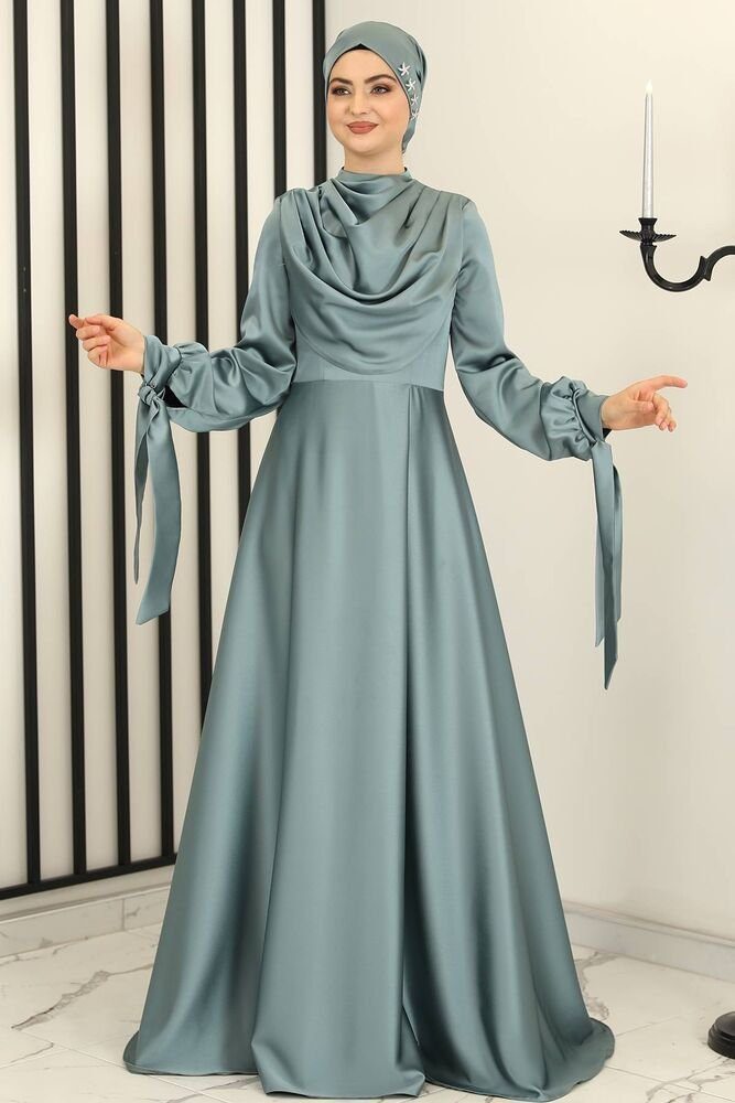 fashionshowcase Abendkleid Elegantes Damen Kleid aus Satin - Langärmliges Maxikleid Modest Fashion