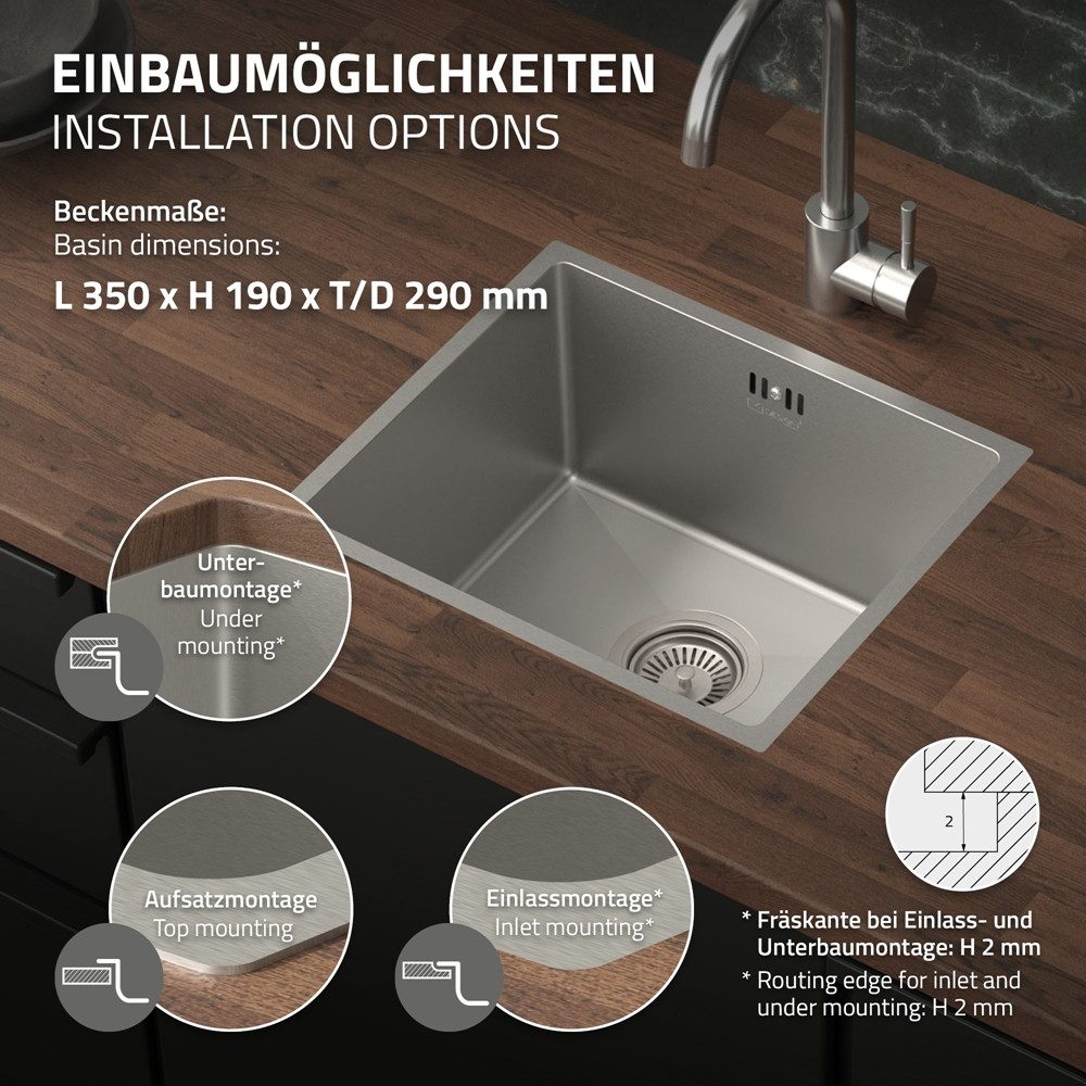 ML-DESIGN Küchenspüle Spülbecken aus Edelstahl, mit Ab- und Überlaufgarnitur & Siphon, 40/34 cm, Silber Einzelbecken Waschbecken Küche Spüle Edelstahlspüle – Bild 4 von 5