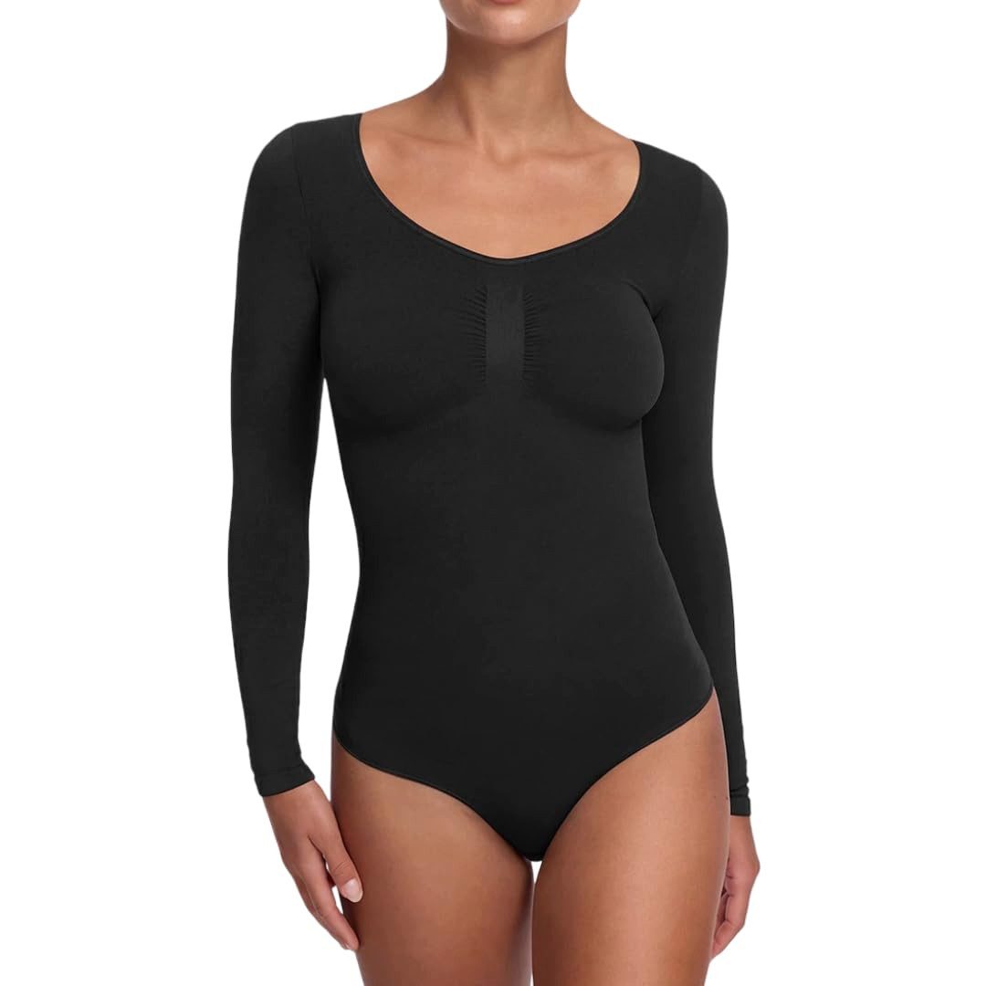 cfab by creamy fabrics Miederbody Bodysuit Sculpting Shapewear Longsleeve mit String-Schwarz-S (1-tlg) Figurformend