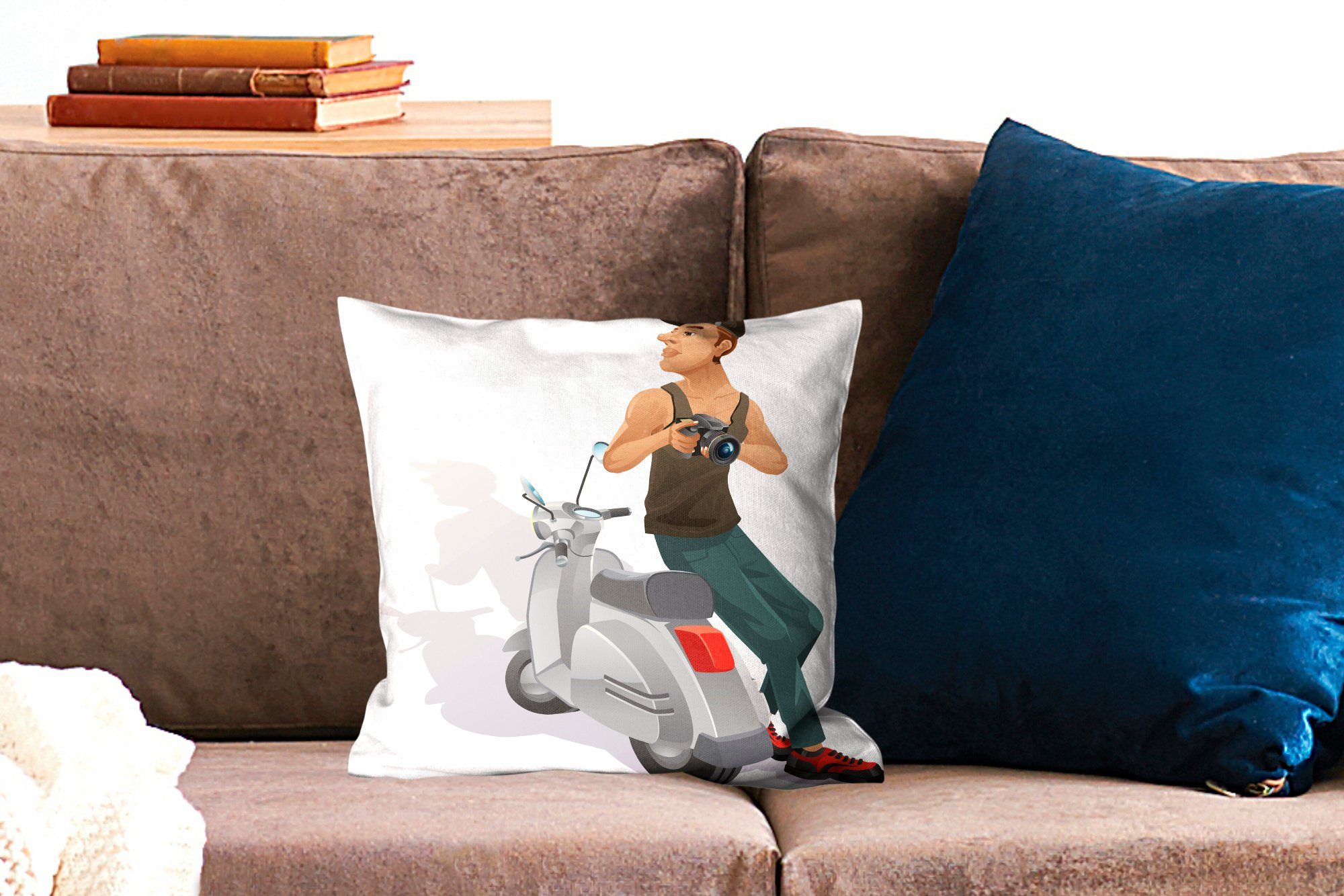 Vespa-Roller, Deko, einem Illustration mit von Kamera jemandem für mit einer Schlafzimmer, und Wohzimmer, Dekokissen MuchoWow Füllung Sofakissen Zierkissen