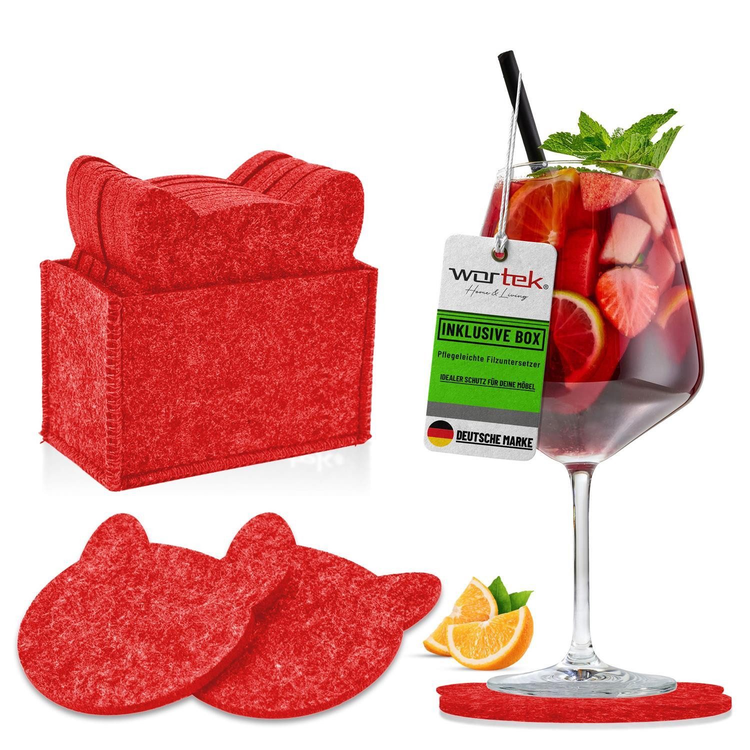 wortek Подставки для напитков Filz-Untersetzer Katze für Gläser 10er Set + Box, Zubehör für Tisch & Gläser, Set, 10-tlg., waschbare Getränke Glasuntersetzer Gläser, Tischuntersetzer Filz 10 cm