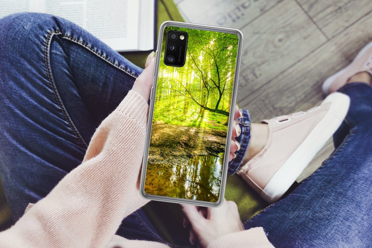 MuchoWow Handyhülle für Samsung Galaxy A41 Wald - Landschaft - Wasser - Bäume - Sonne - Gr, Smartphone-Bumper, Print, Handy Schutzhülle Dünn