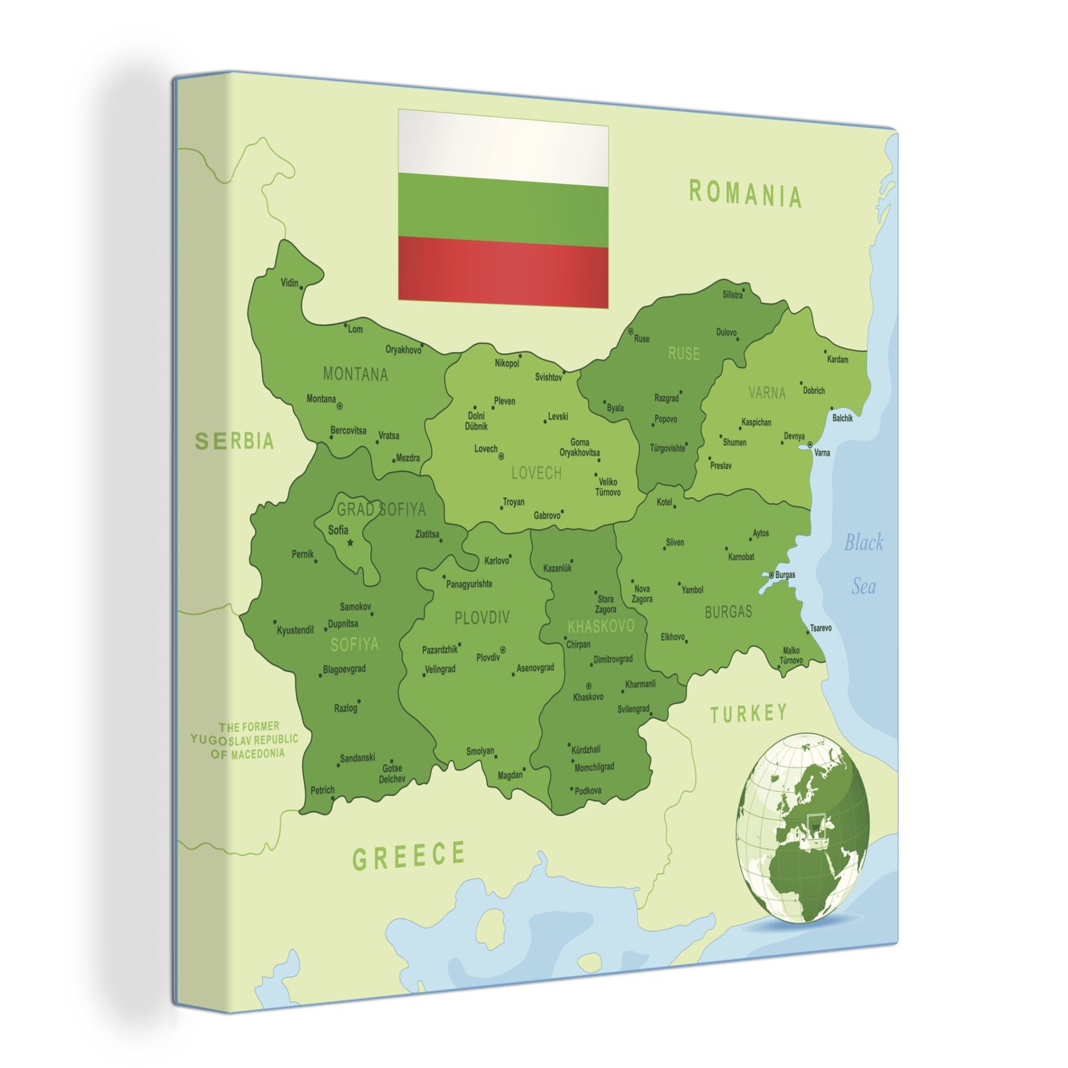 OneMillionCanvasses® Leinwandbild Illustration von Bulgarien in Grün mit der Flagge, (1 St), Leinwand Bilder für Wohnzimmer Schlafzimmer