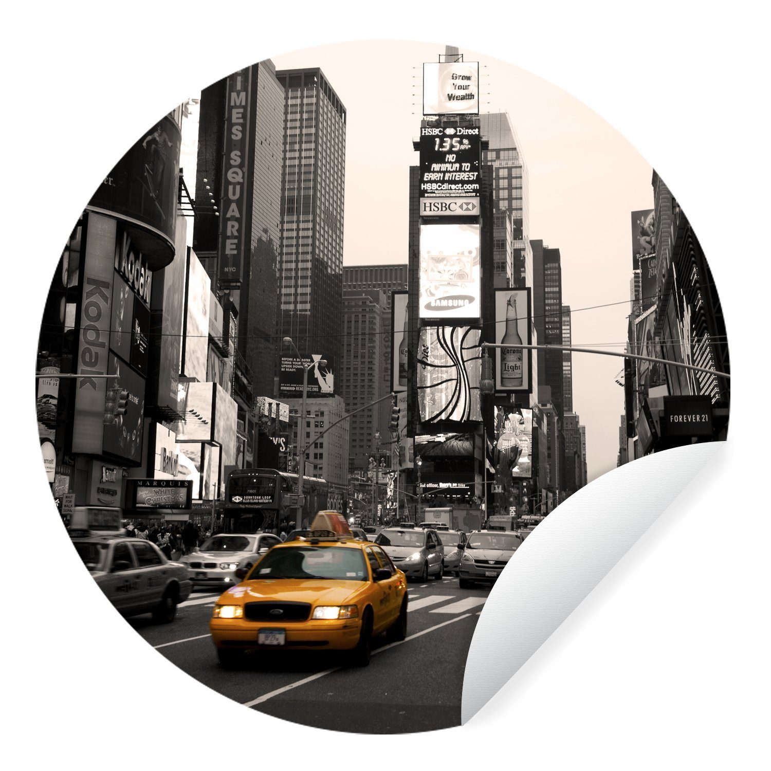 MuchoWow Wandsticker Times Square - Taxi - Gelb (1 St), Tapetenkreis für Kinderzimmer, Tapetenaufkleber, Rund, Wohnzimmer | Wandtattoos