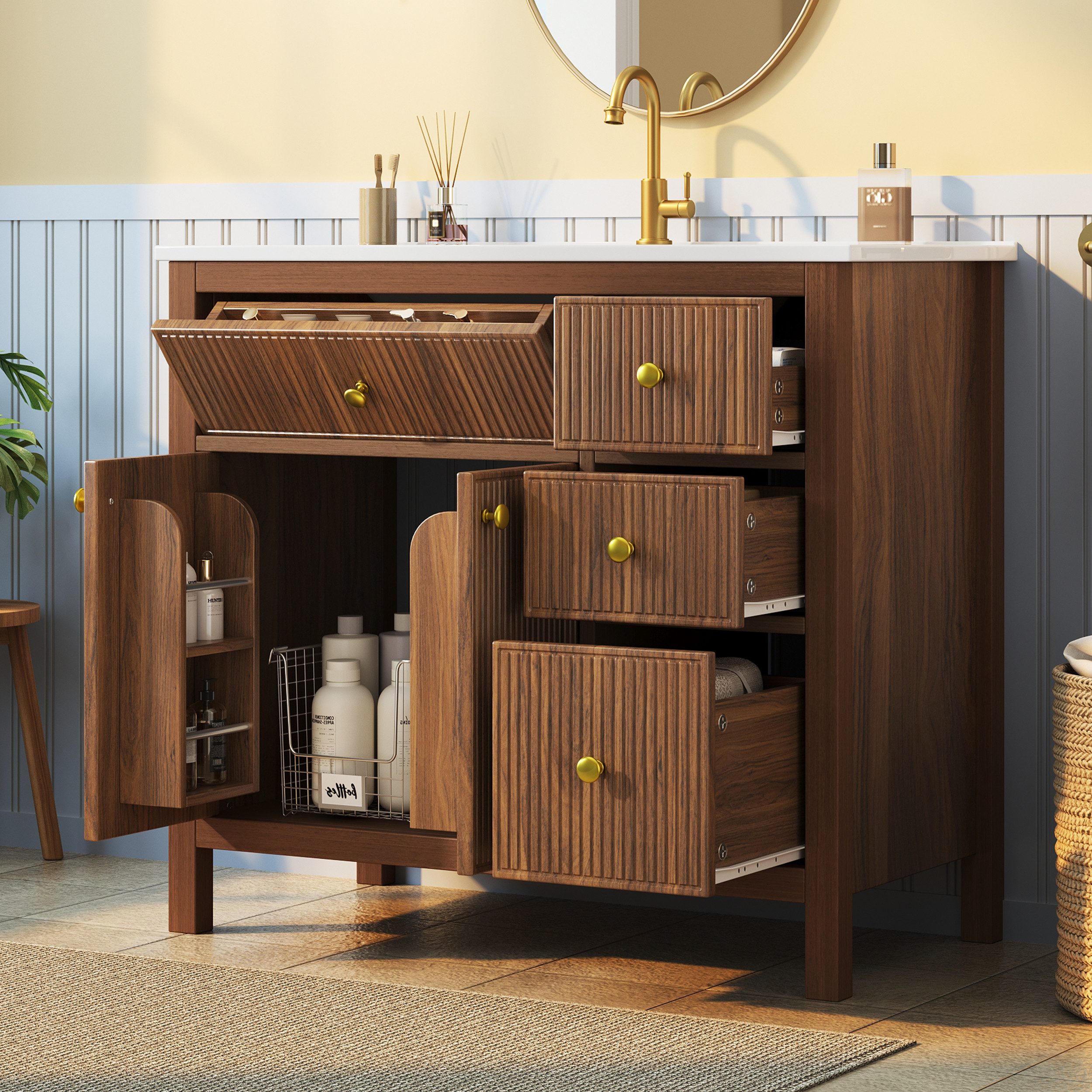 Flieks Waschtisch Waschbeckenunterschrank mit Waschbecken, Klappen, Türregal, Schubladen (91x48x88 cm, 1-St., bodenstehend Badmöbel mit …
