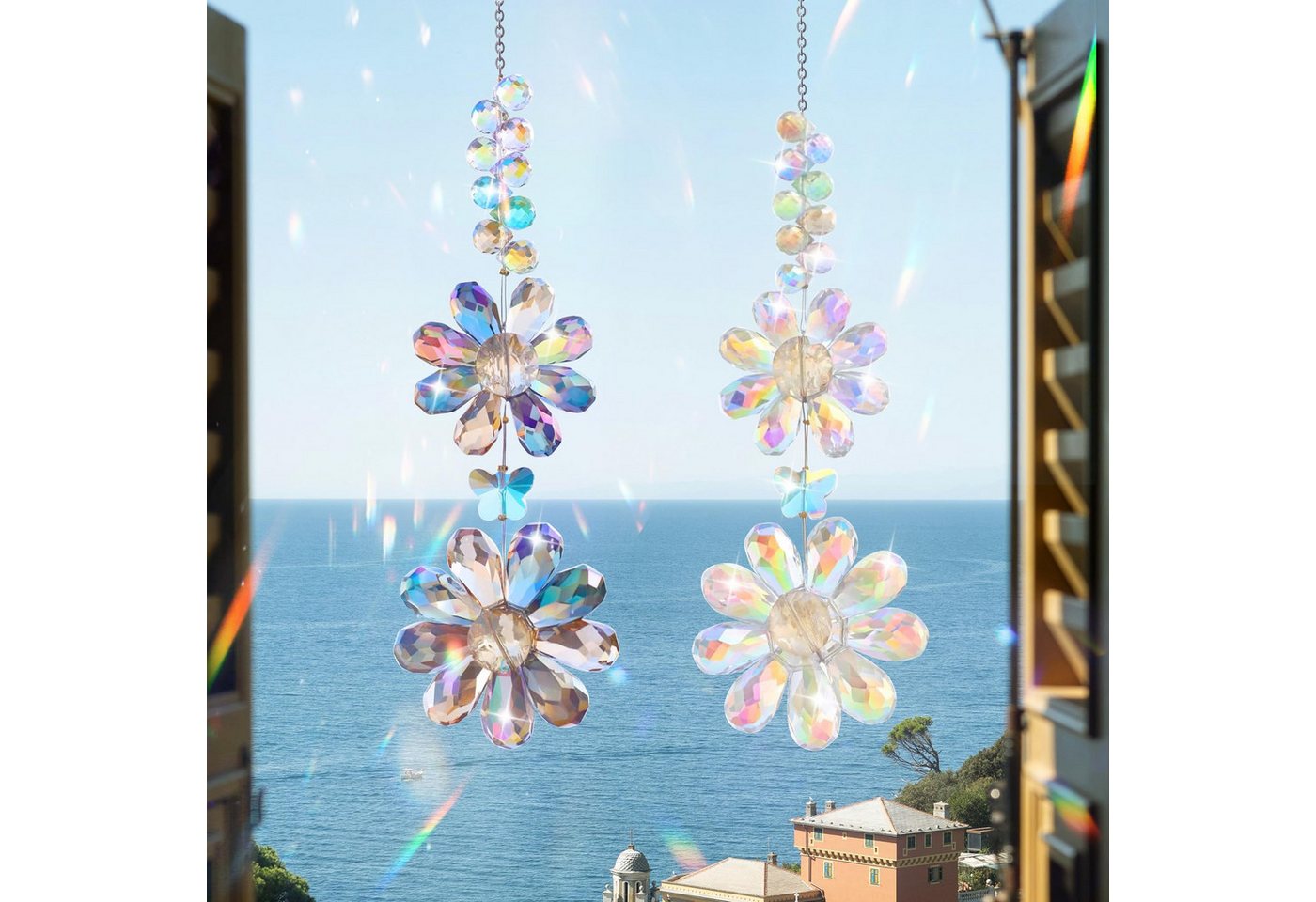 FOUORTUNATE-BEE Windspiel 2er Set Kristall Sonnenfänger Windspiel für Garten & Deko (Kristall Windspiel zum Aufhängen – Garten- und Fensterdeko, 2 St., Sonnenfänger Kristall Fenster Sonne Perlen Anhänger Deko)