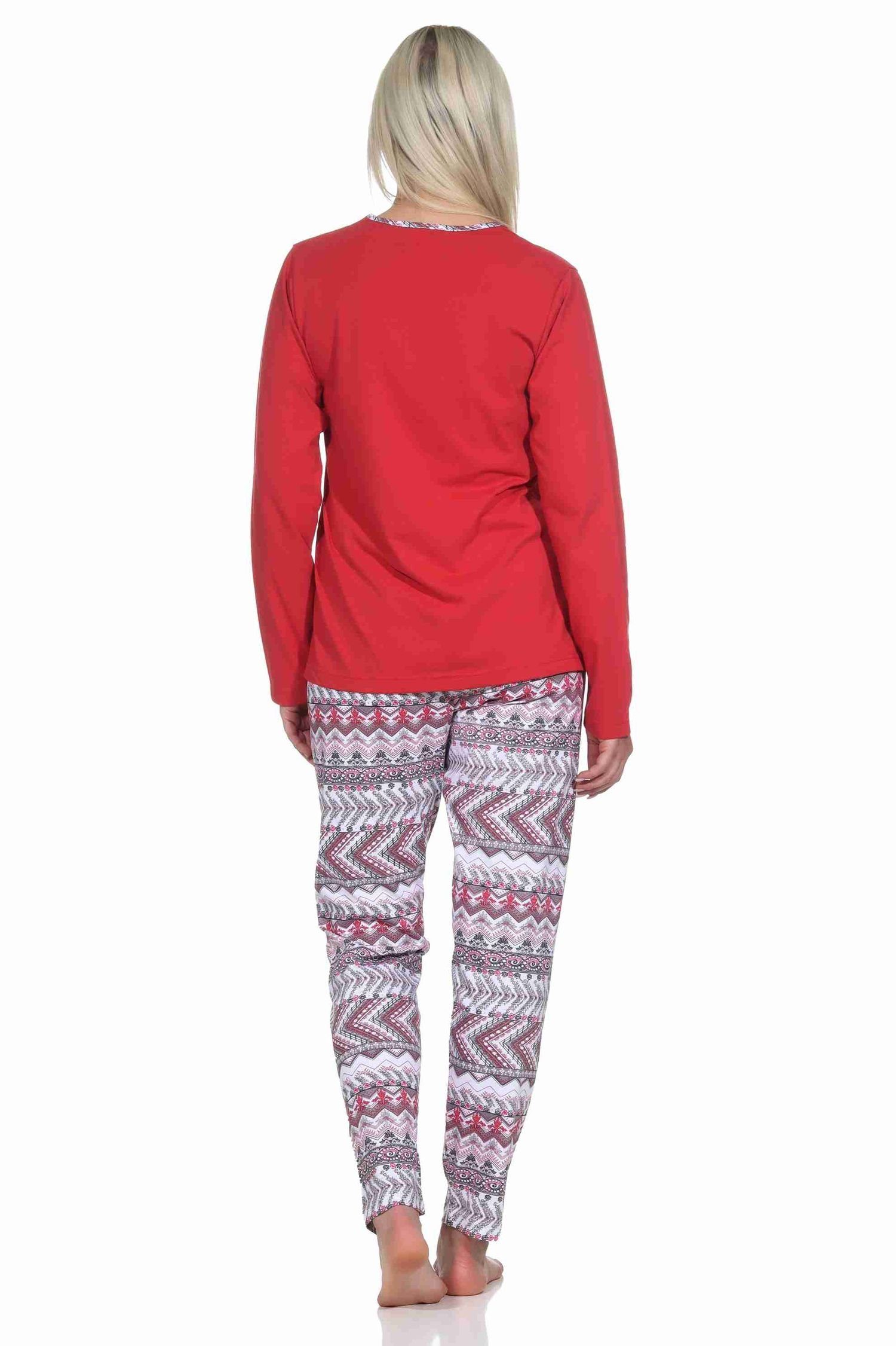 Normann Pyjama Damen langarm Schlafanzug im wunderschönen Ethnolook rot
