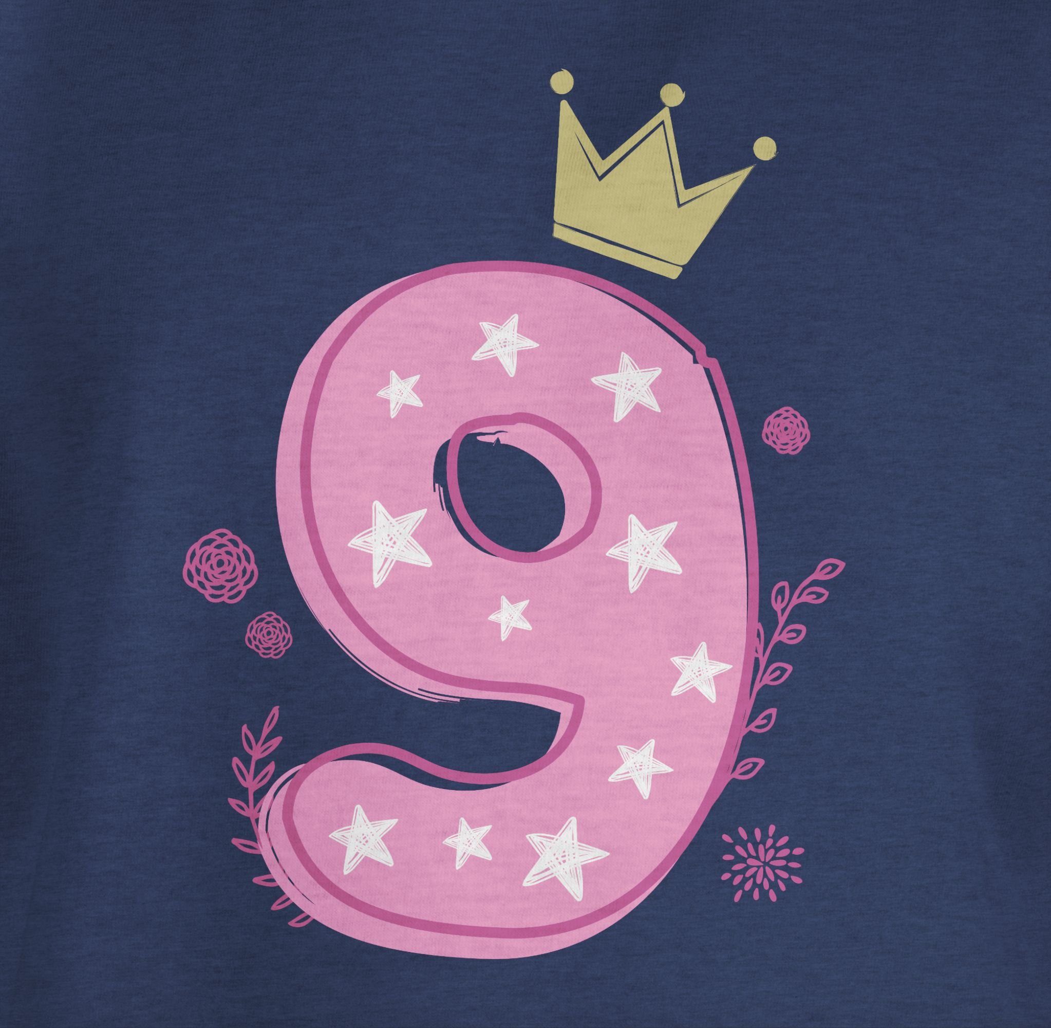 Krone 2 Mädchen T-Shirt Geburtstag Sterne Dunkelblau Neunter 9. Meliert Shirtracer