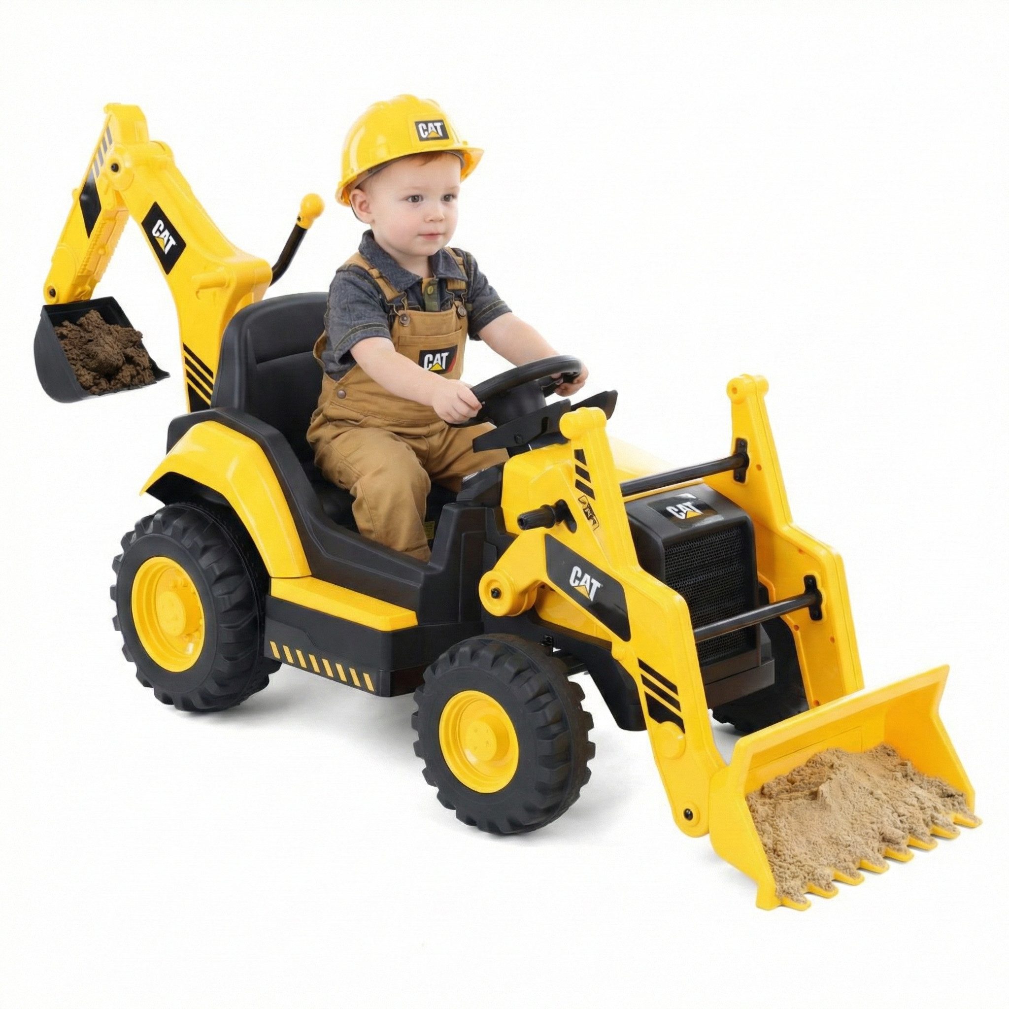 Hecht Elektro-Kindertraktor Elektrotrecker Caterpillar mit Fernbedienung bis 5km/h, Baggerarm, Belastbarkeit 30 kg, Radio, Bluetooth, AUX, 12V / 7 Ah, 2x 40W, bis 30kg