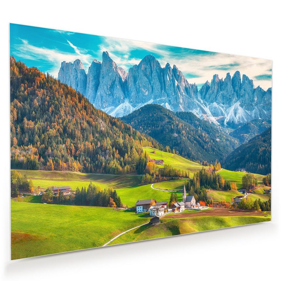 Primedeco Glasbild Wandbild Herbstszene Santa Maddalena Dolomiten mit  Aufhängung, Berge