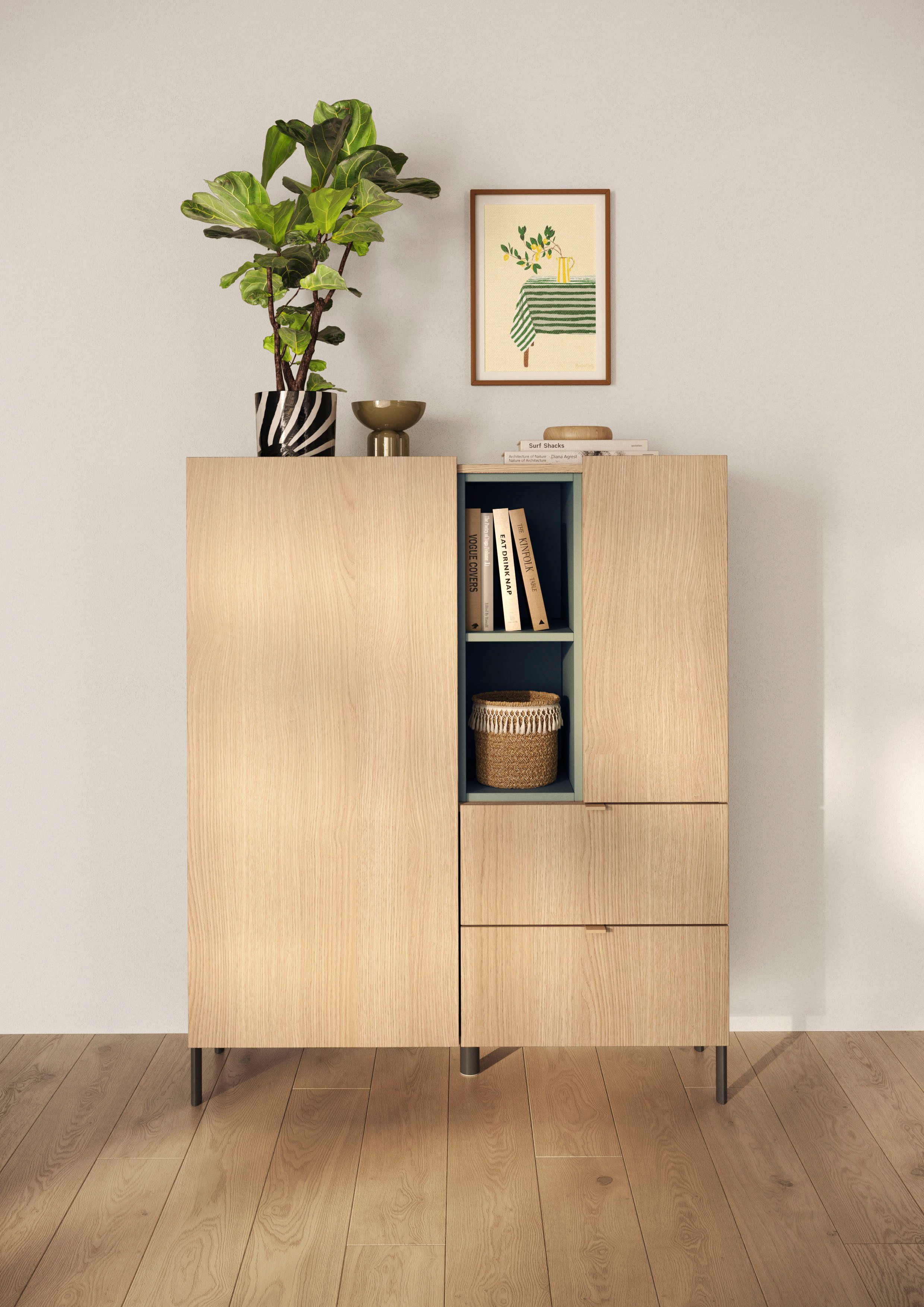OTTO home Highboard Badia, B/H 101/124 cm, 2 Türen, 2 Schubkästen, Stauraumschrank, Innenliegendes Top, gerade Metallfüße, salbeigrüne Farbakzente