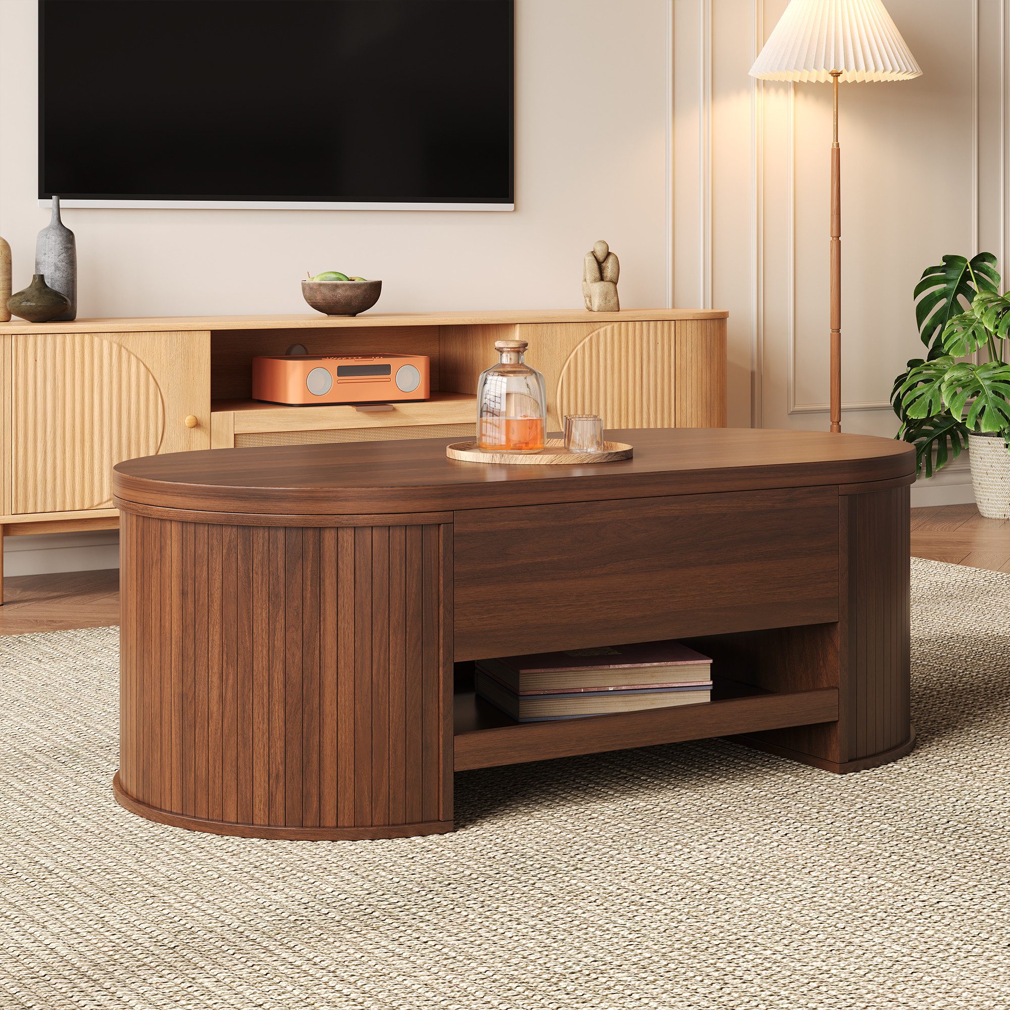 Merax Couchtisch höhenverstellbar Sofatisch Beistelltisch mit gebogenen Holzseiten (1-St., 110x55,5x40 cm), Wohnzimmertisch mit ausziehbaren Regalen und verstecktem Stauraum