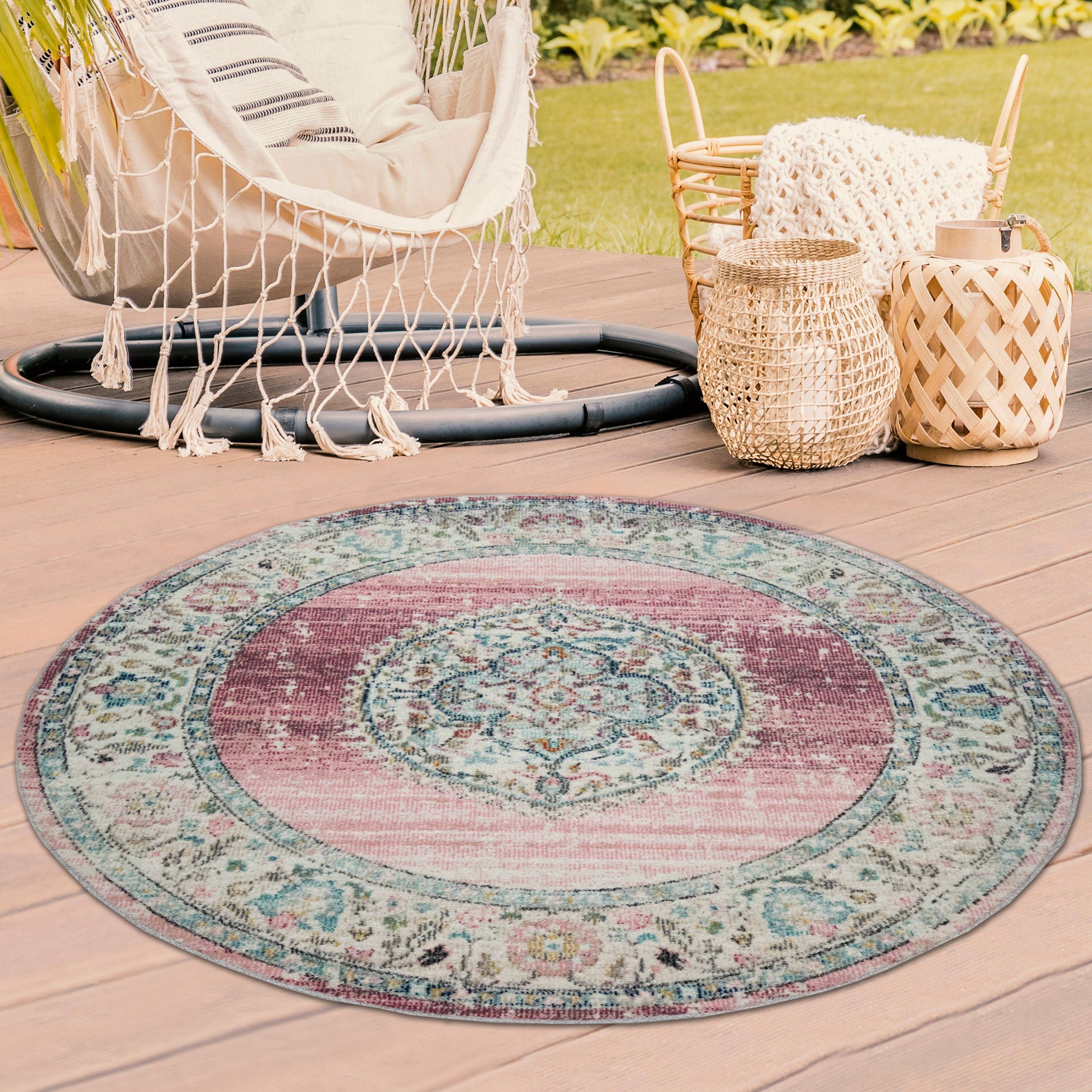 TeppichHome24 Teppich Teppich Orient Outdoor Vintage in rosa, rund, Höhe: 4 mm