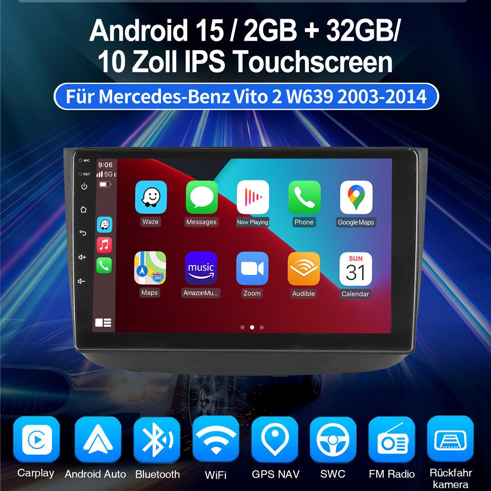 ESSGOO 10" Für Mercedes-Benz Vito 2 W639 Viano 2 2003-2014 Android 15 Autoradio (RDS, Digitalradio (DAB), FM, AM, Carplay Android Auto GPS Mirror Link SWC BT EQ)