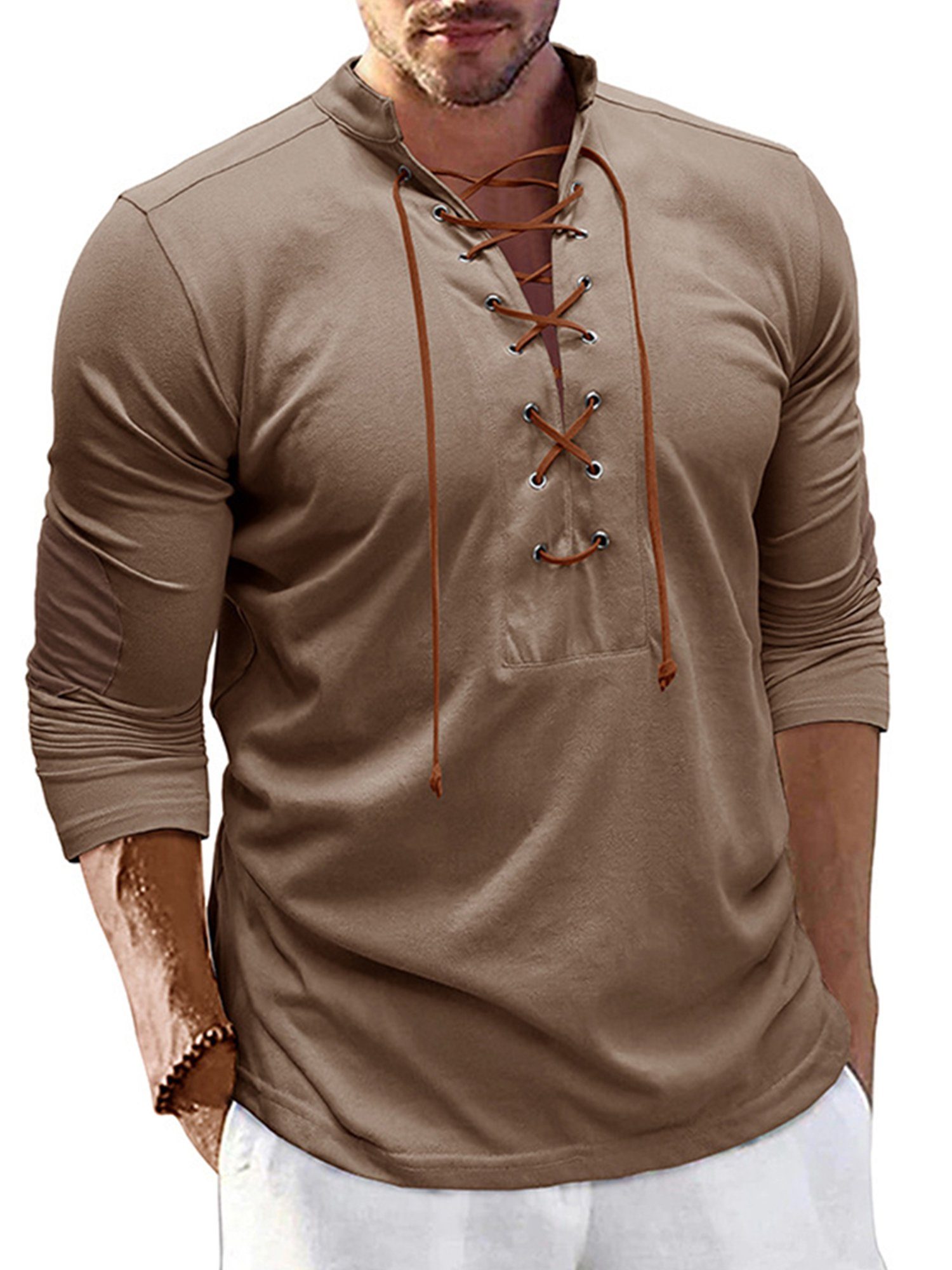 Lapastyle Langarmshirt Herren V-Ausschnitt Henleyshirt mit Stehkragen Lässiges T-shirt einfarbig Top, Bindedesign am Brustausschnitt Khaki
