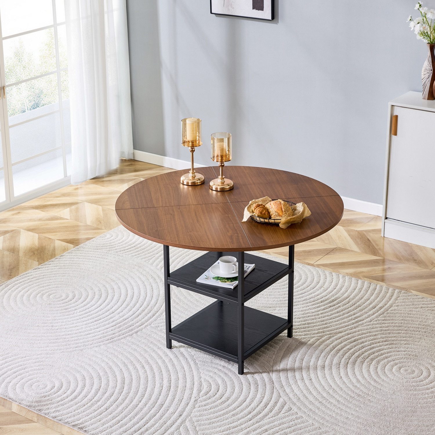 ANYSUN Esstisch Runder Esstisch Durchmesser 107 cm, Zweischichtiger Regalständer (Höhe 75 cm für Essen, Arbeiten oder Spielen), für 2-4 Personen Geeignet für Wohnzimmer, Küche und Essbereich
