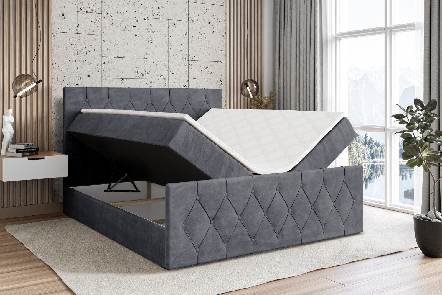 ALTDECOR Boxbett VELANTO (mit Matratze Lattenrost Topper Polsterbett mit Bettkasten Doppelbett), H4 Multipocket / H3 Bonellfederung, Springboxbett Boxspringbett