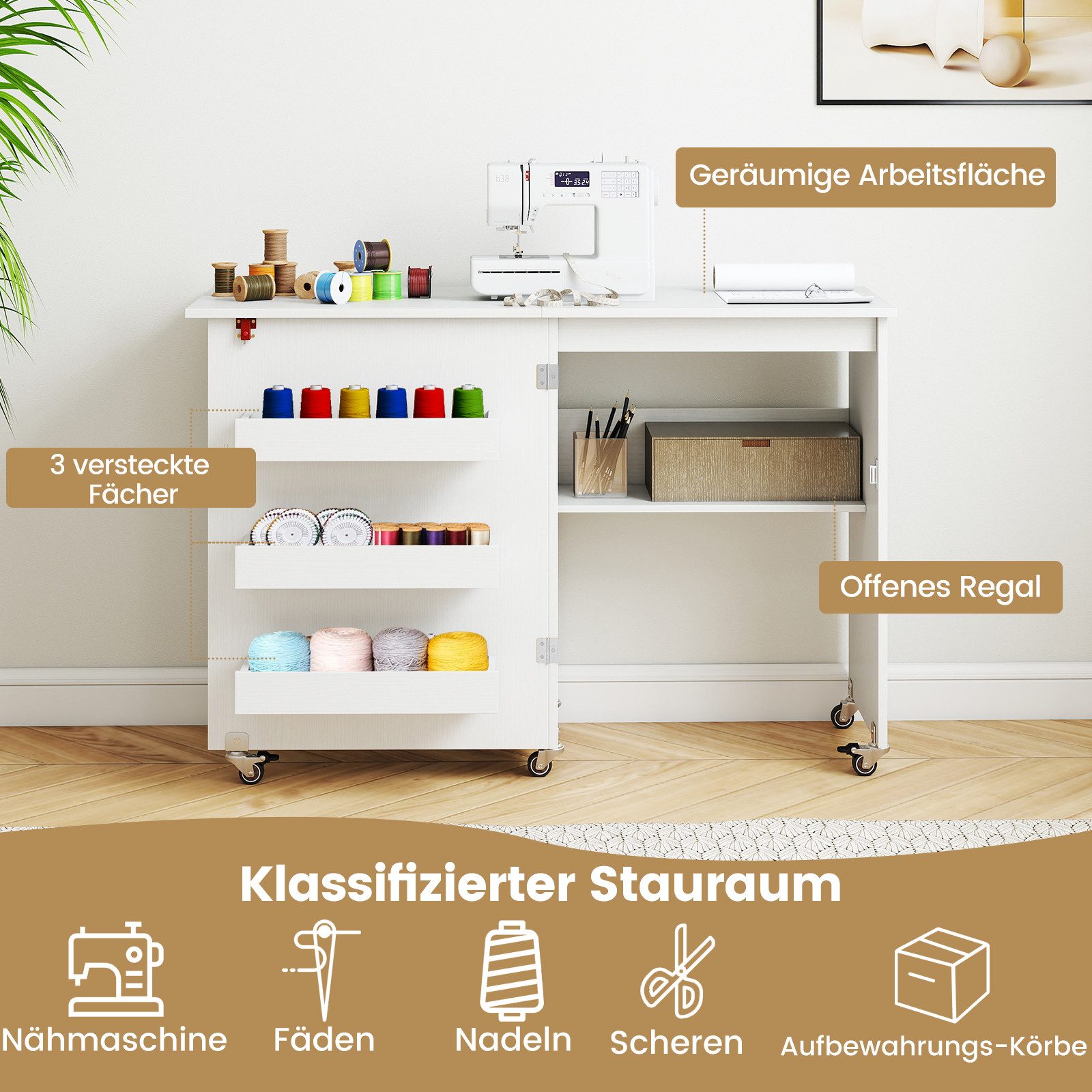 COSTWAY Schreibtisch, Nähtisch klappbar, Nähschrank mit Rollen, Holz günstig online kaufen