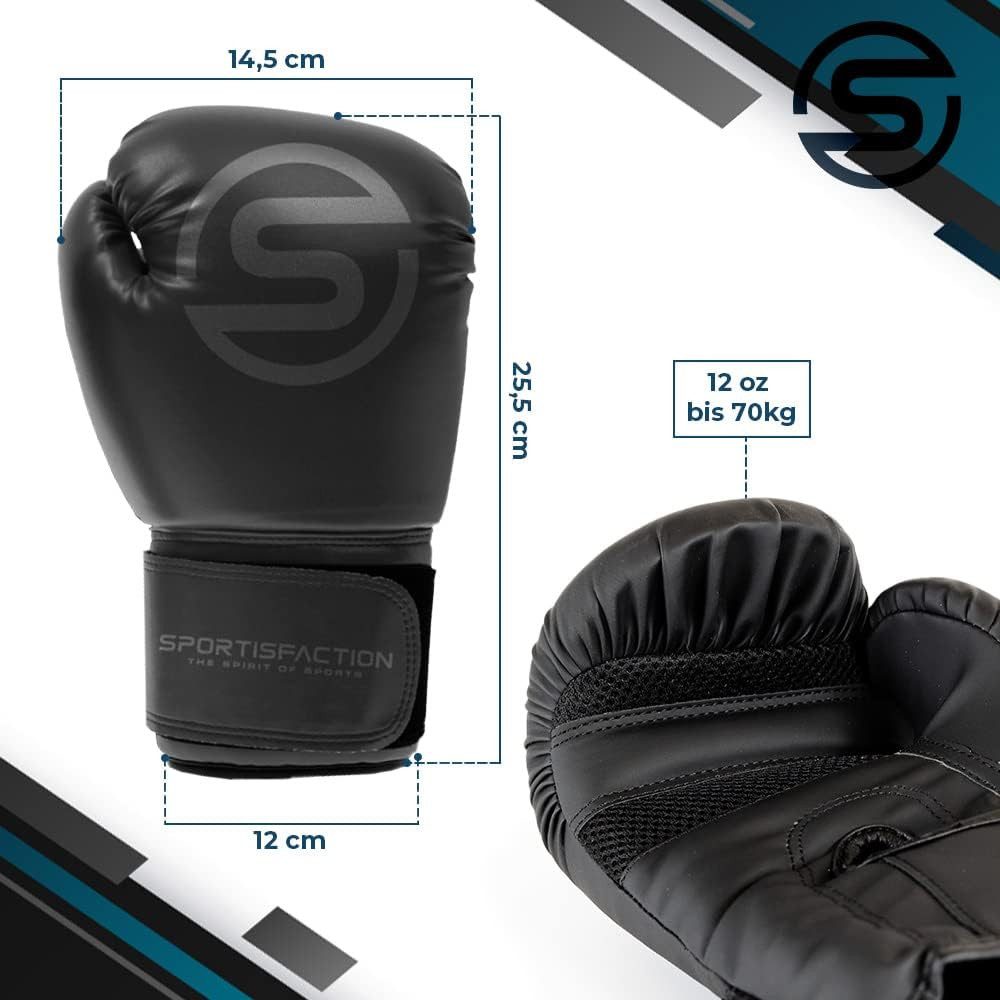 Sportisfaction Boxhandschuhe Boxhandschuhe 12oz Set inkl. Bandagen & Springseil Schwarz PU-Leder, Allround-Größe für Sparring & Training 80-90kg Stabiler Halt