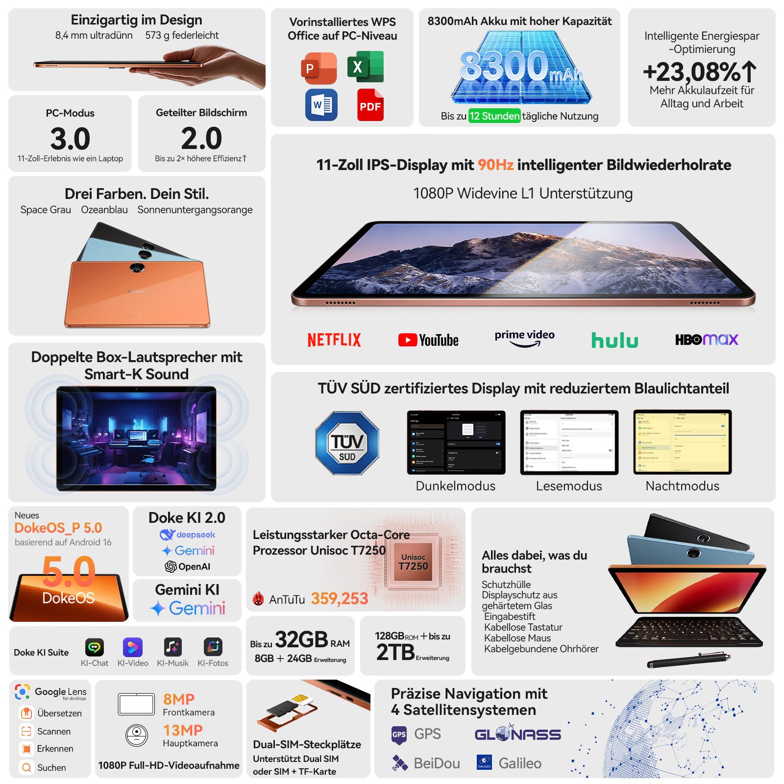blackview 2026 11" Zeno5 Plus 4G LTE mit Tastatur, 128GB, Android 16 Tablet Tablet (11", 128 GB, Android 16, 4G(LTE), PC 3,0, Widevine L1, Octa-Core, DokeOS_P 5.0 A16, 32(8+24)GB)