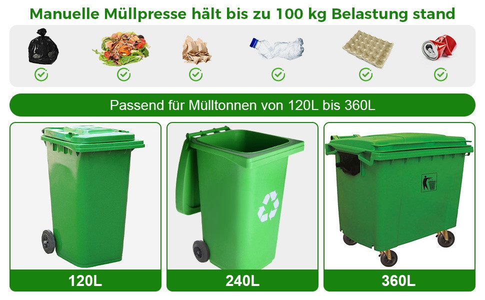 QUBEBU Mülleimer Manuelle Müllpresse, Müllverdichter Hausmüll, Restmüll&Papier, Schwarz, Müllverdichter für 120L / 240L / 360L Mülltonne