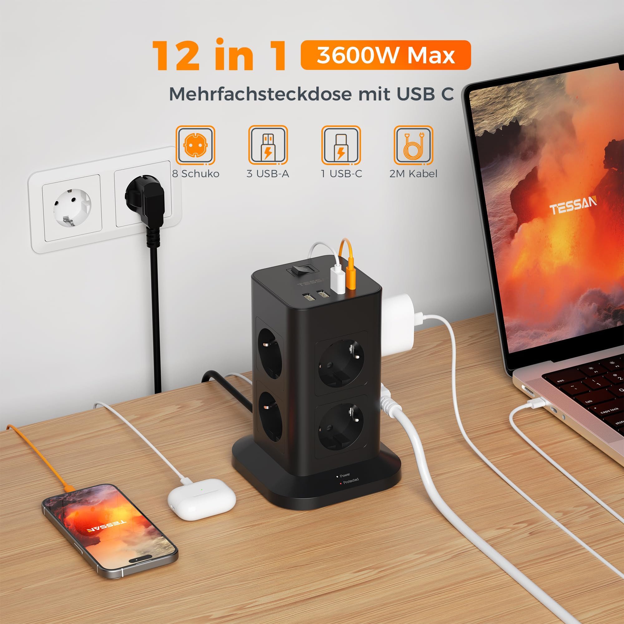 TESSAN 8 Fach Mehrfachsteckdose 4 USB Steckdosenleiste Kabel 2m Mehrfachsteckdose (USB-Anschlüsse, Ein- / Ausschalter, Schutzkontaktkupplung, Überspannungsschutz)