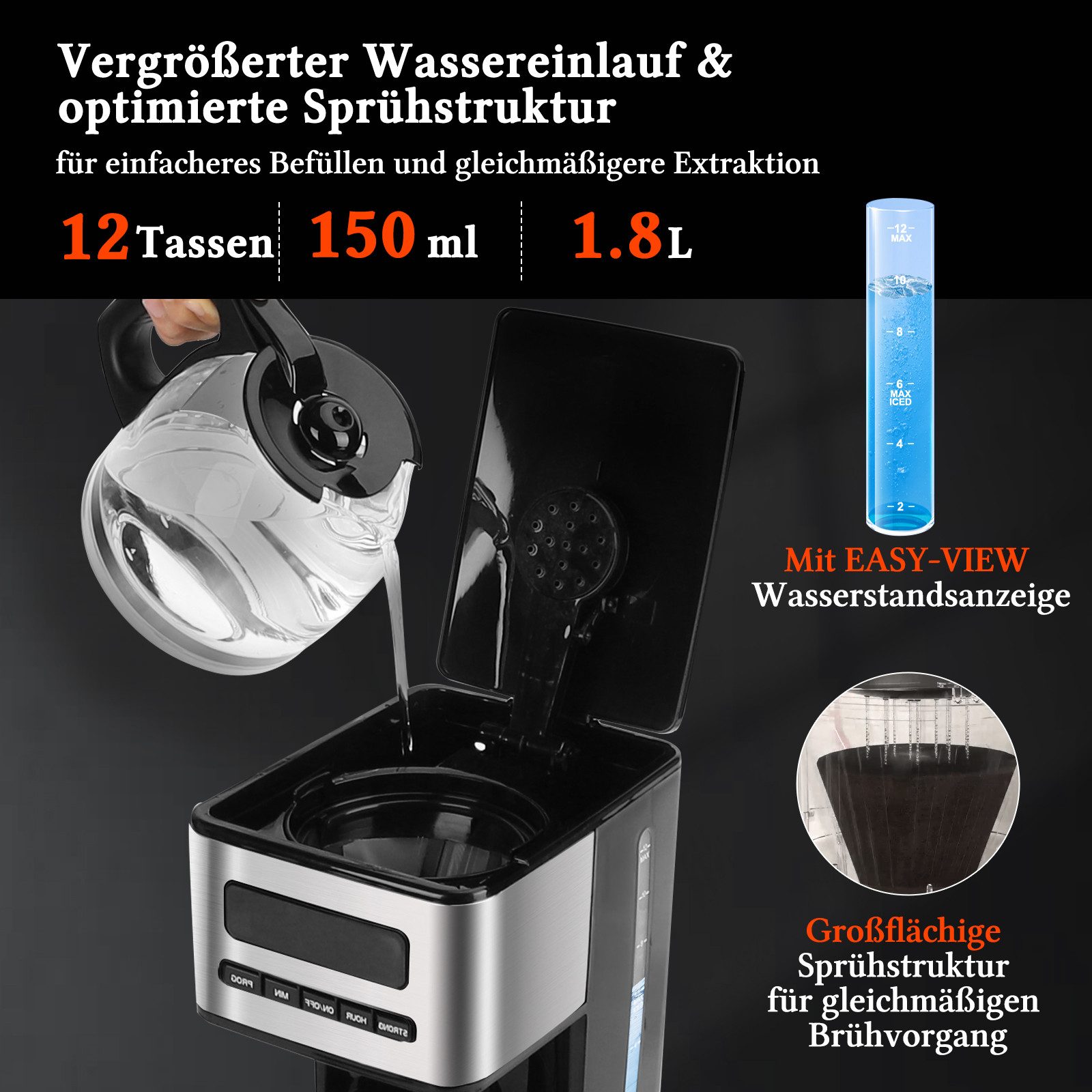 Taylor Swoden Filterkaffeemaschine 1,8L mit 24H Timer, Eiskaffee-Modus, 3-stufige Stärkeauswahl automatische Reinigung, 1.8l Kaffeekanne, Wiederverwendbarem Filter, Eiskaffee-Modus