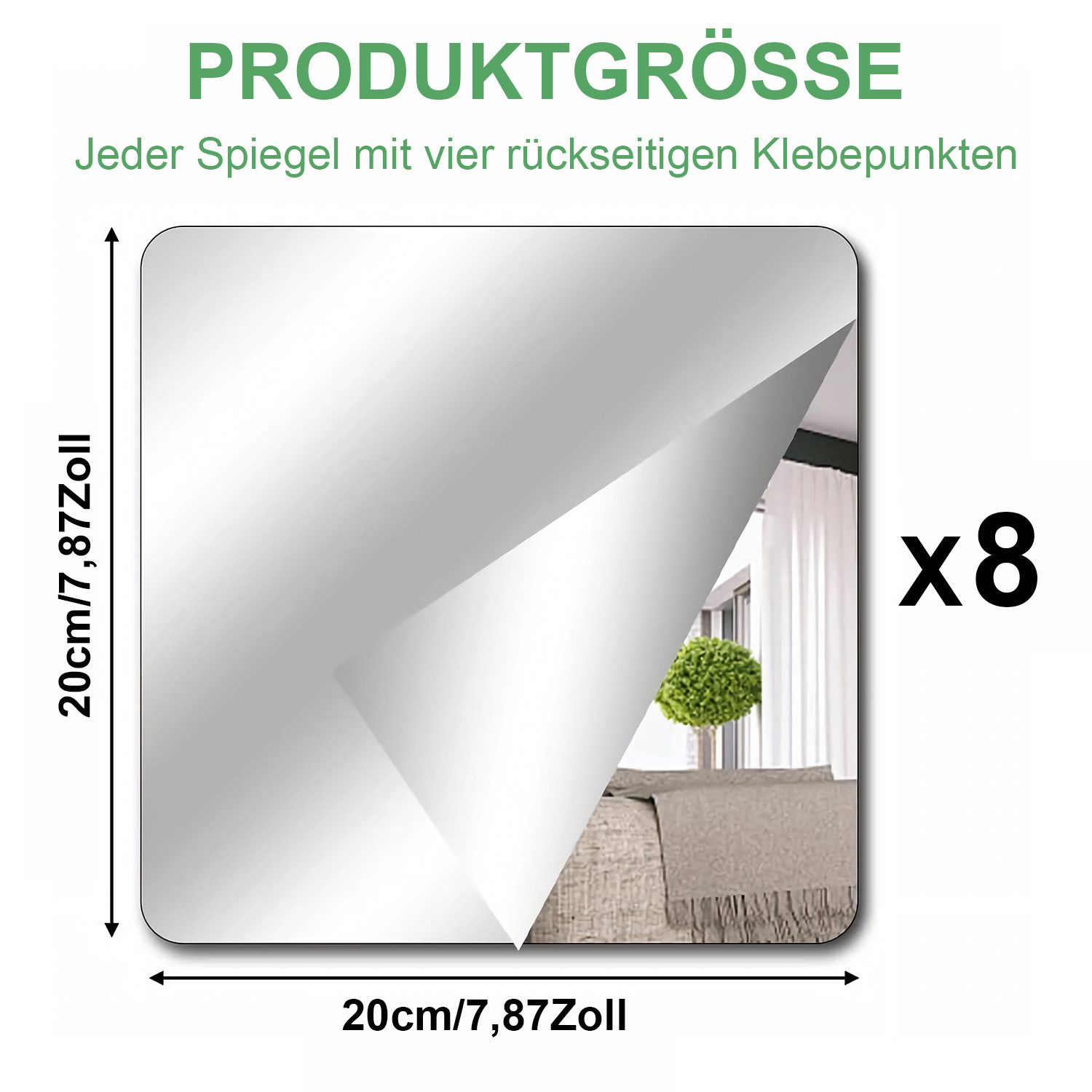 Refined Living Wandspiegel 8 Stück HD Klebespiegel Selbstklebend Acryl Fliesenspiegel 20*20cm (Spiegel zum Aufkleben, Kein Glasspiegel, Dekospiegel Wandspiegel, 8-St., Flexibler Spiegelfolie DIY Türspiegel Ganzkörperspiegel Room Decor), für Badezimmer Wohnzimmer Schlafzimmer Schranktür Wand Schule Zuhause