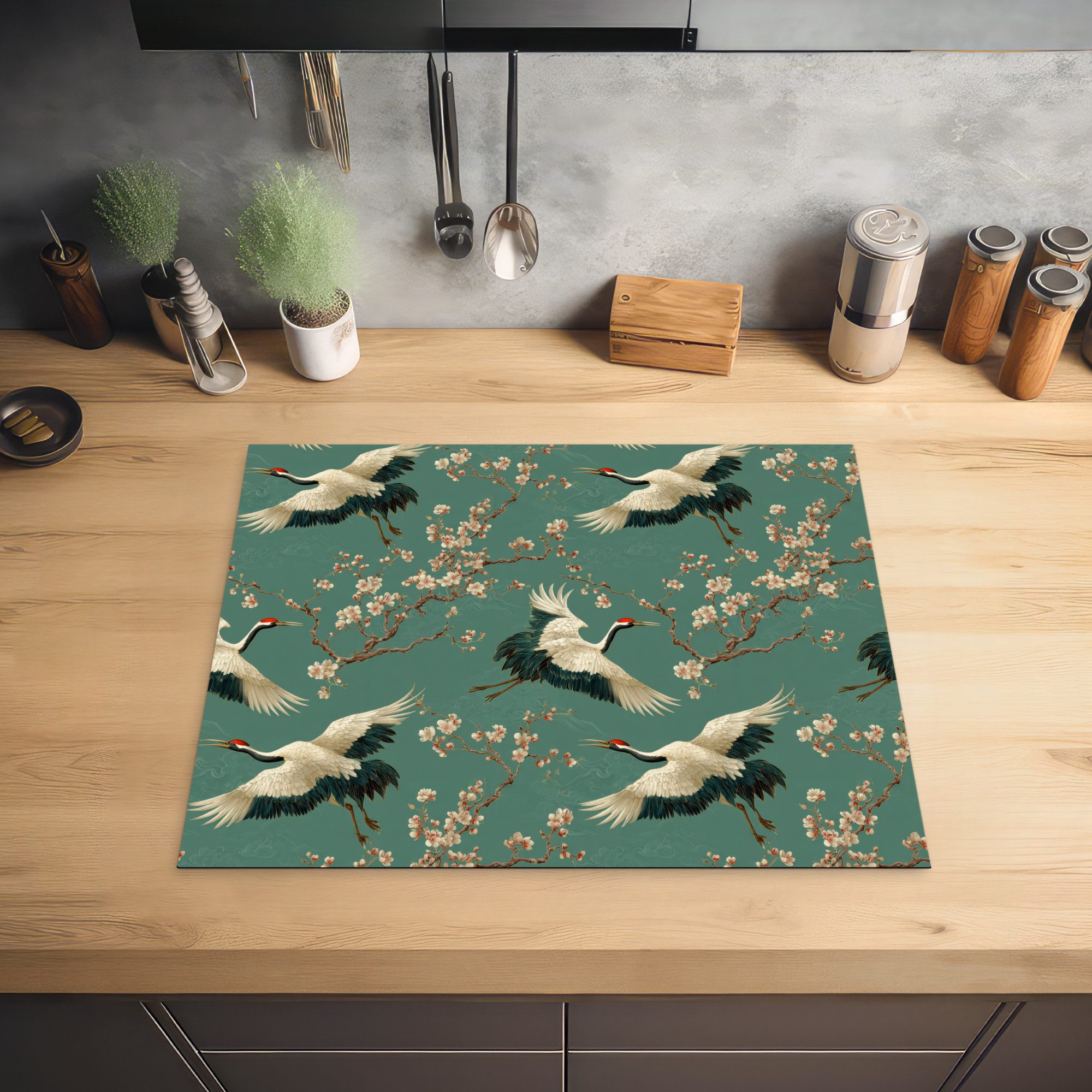 MuchoWow Herd-Abdeckplatte Kirschblüte - Umstandsblumen - Grün, Vinyl, (1 tlg), Abdeckung Induktionskochfeld Schutzmatte, Küche Deko, 65x52 cm