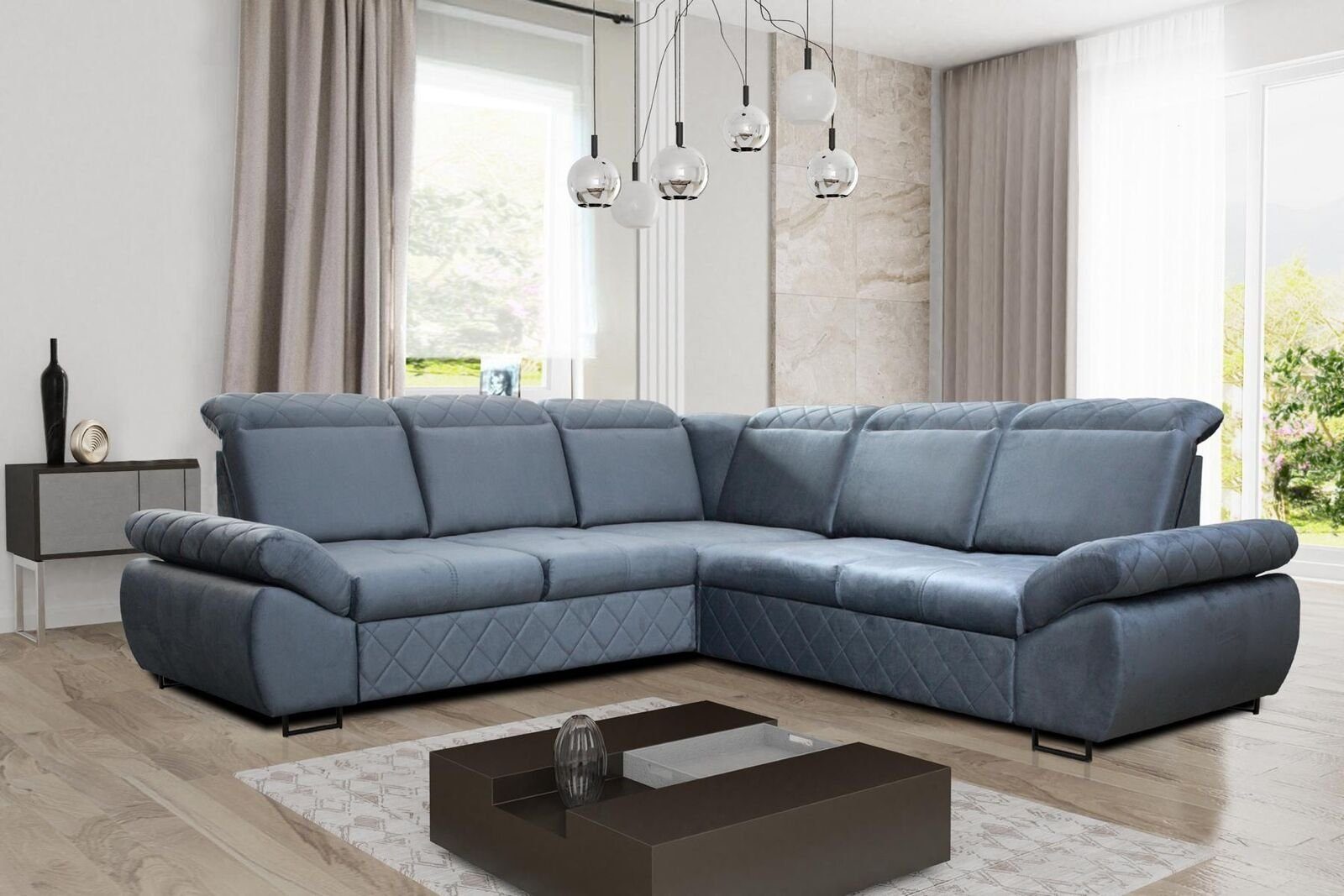 JVmoebel Ecksofa Bettfunktion Ecksofa, Couchs Textil Design Mit Neu LForm Blau Moderne Möbel Sofas Wohnzimmer