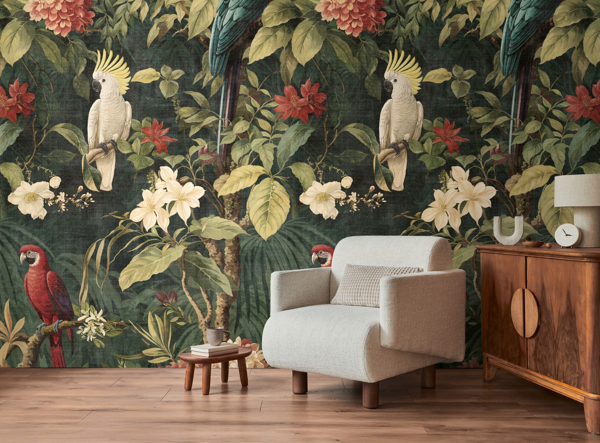 living walls Fototapete The Wall 4 Flowers – Tropischer Dschungel mit Vögeln Vlies-Fototapete, leicht strukturiert, floral, matt, botanisch, (1 St), Tropischer Dschungel mit Vögeln – atmosphärischer Tiefe