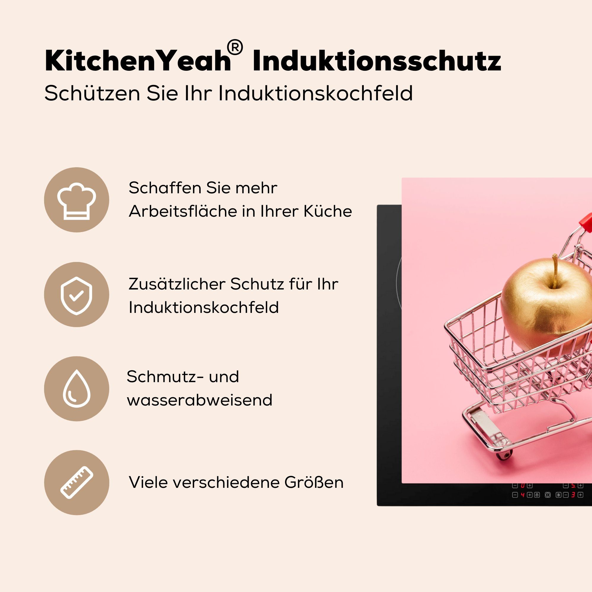 MuchoWow Vinyl, tlg), für Apfel, Arbeitsplatte 78x78 (1 Herdblende-/Abdeckplatte Miniatur-Einkaufswagens küche eines Stillleben einem mit cm, Ceranfeldabdeckung, goldenen