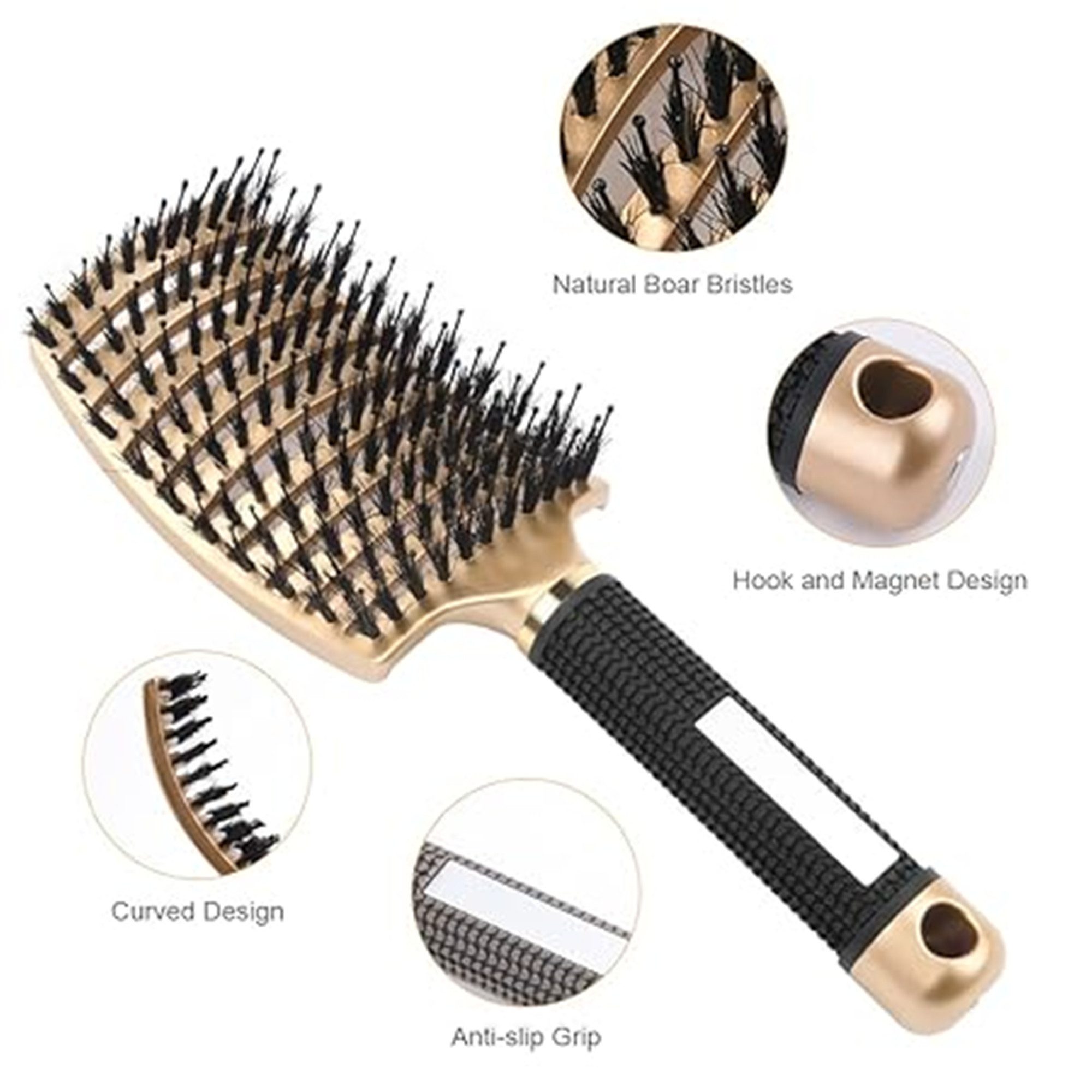 Forrlite Haarbürste Haarbürste, Profi Entwirrungsbürste mit Griff, Haarbürste ohne Ziepen, Wildschweinborsten Haarstyling Bürste für Locken Lange Feine Dicke Lockige Haare (Gold)