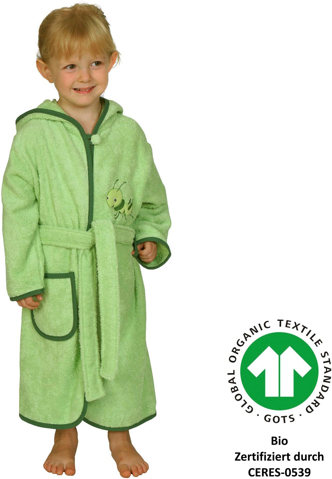 Wörner Kinderbademantel Grashüpfer hellgrün, Langform, Frottier, Kapuze, Gürtel, Biobaumwolle, mit Stickerei, mit Tasche