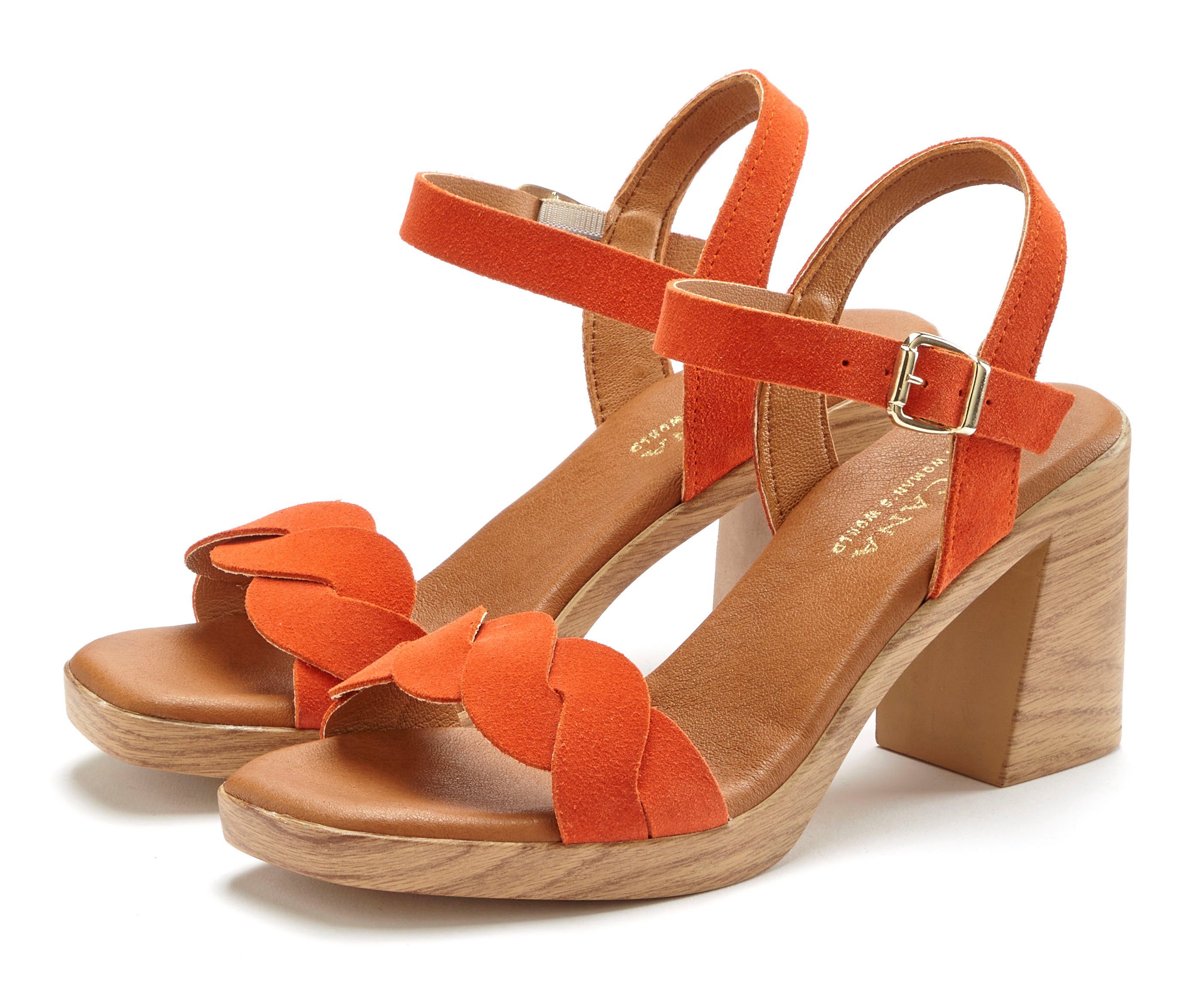 LASCANA Riemchensandalette Sandale aus weichem Leder mit Blockabsatz orange