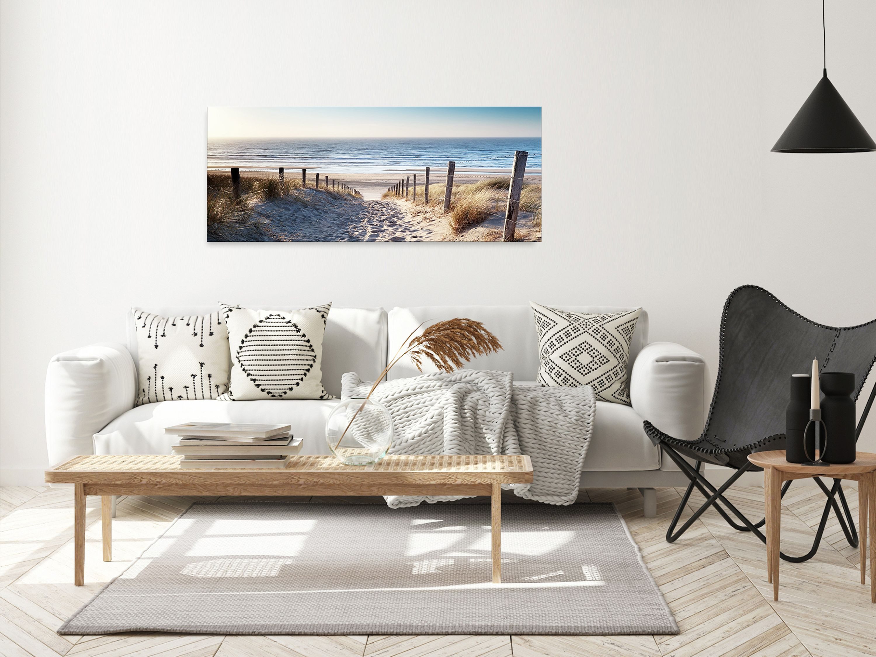 artissimo Glasbild XXL Bild aus Glas 125x50 cm / Panorama Wandbild groß / Wanddeko modern, Strand und Meer: Weg durch Dünen zum Meer
