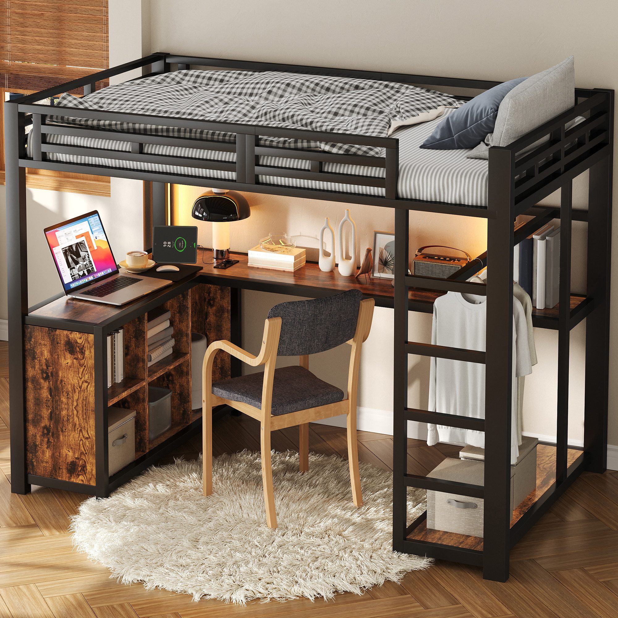 Ulife Hochbett (140 x 200 cm) mit integriertem Arbeitsbereich, LED-Beleuchtung (3-St) USB-Anschlüssen und viel Stauraum, schwarz