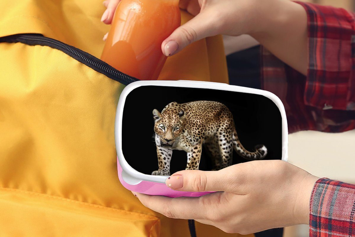 MuchoWow Lunchbox Leopard - Brotdose Kunststoff - Erwachsene, rosa Kinder, für Mädchen, Wild Snackbox, (2-tlg), Schwarz, Kunststoff, Brotbox