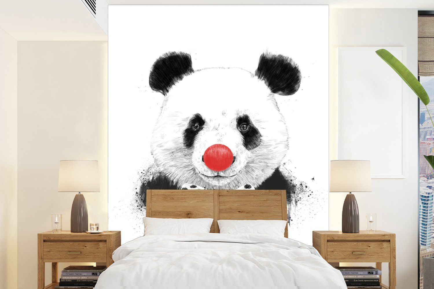 MuchoWow Fototapete Panda - Clown - Schleife - Nase - Rot, Matt, bedruckt, (4 St), Montagefertig Vinyl Tapete für Wohnzimmer, Wandtapete