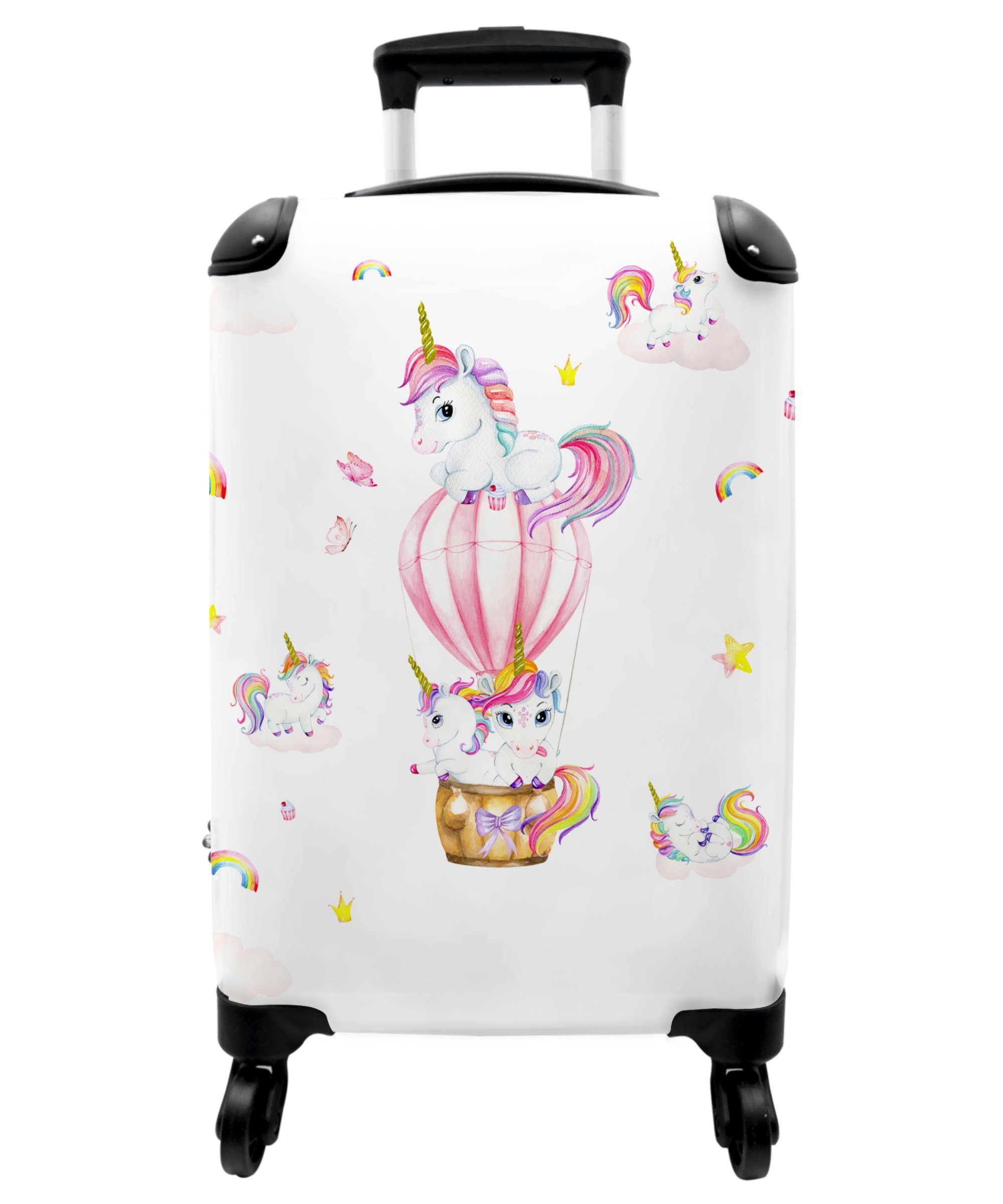 NoBoringSuitcases.com© Kinderkoffer 55x35x20cm Einhorn - Regenbogen - Heißluftballon - Sterne - Rosa -, 4 Rollen, Reisetasche mit rollen, Handgepäck für Ferien, Kindertrolley, Koffer