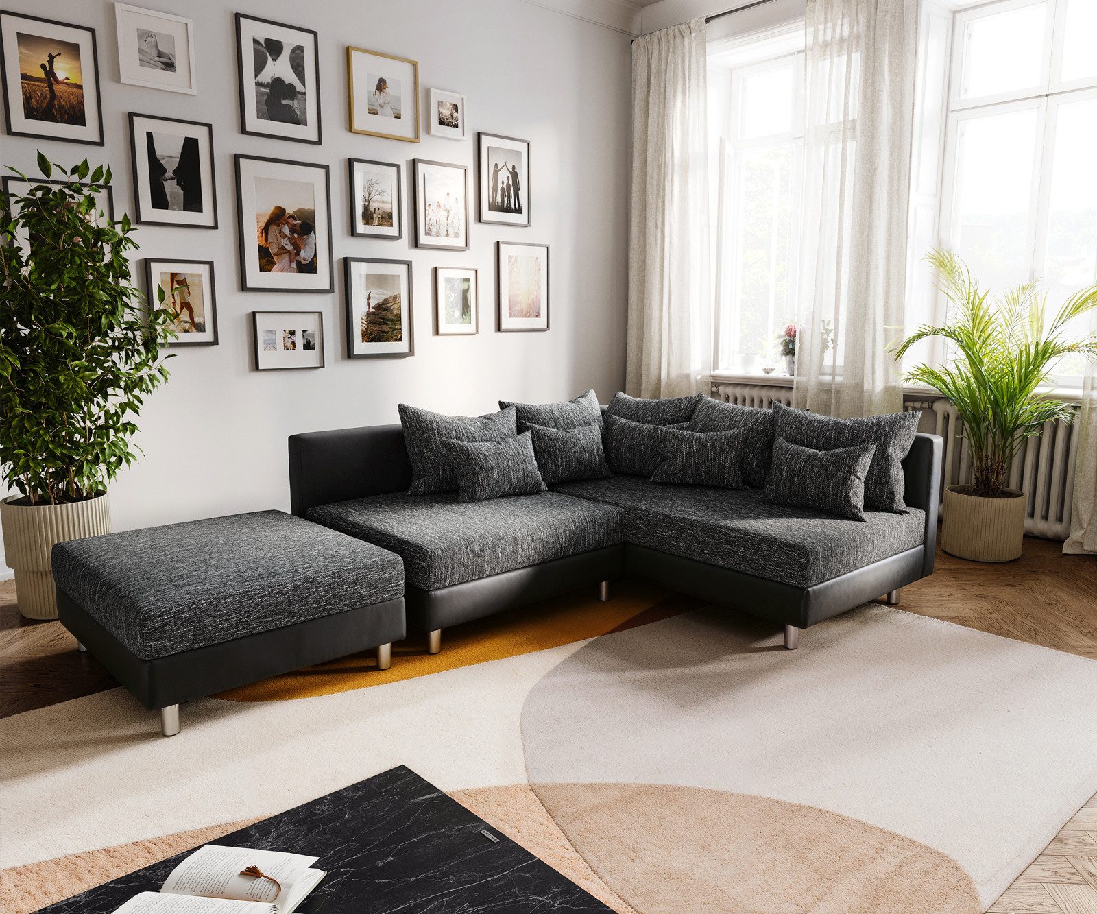 DELIFE Ecksofa Clovis, Schwarz mit Hocker günstig online kaufen