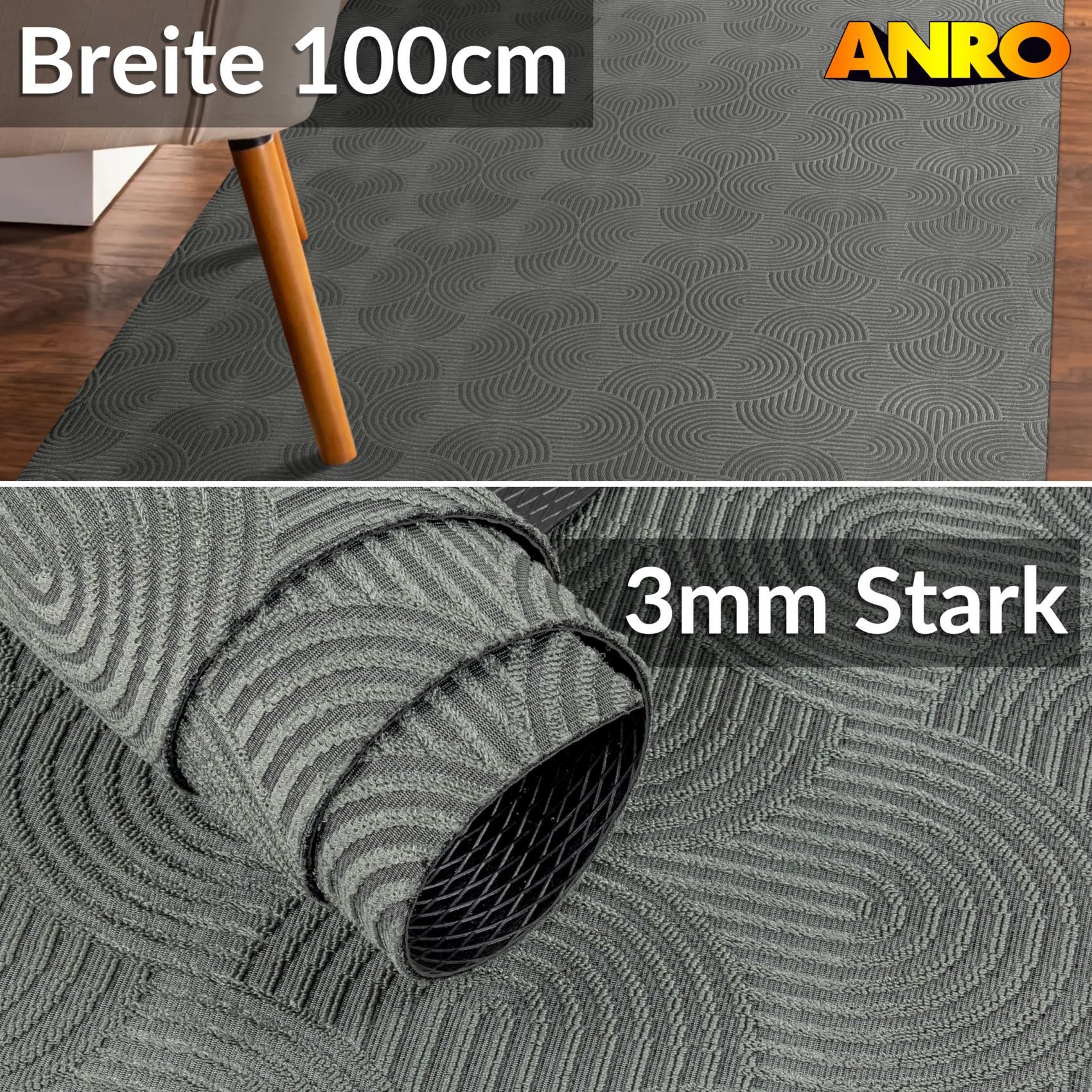 ANRO Läufer Velora Teppichläufer hochwertig Küchenteppich, Rechteckig, Höhe: 3 mm, Küchen- & Flurläufer 180cm Bauhaus Anthrazit pflegeleicht